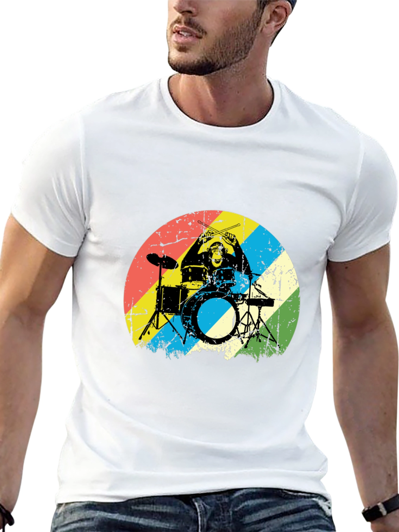 Black Monkey Drummer Graphic Tee - Retro Style Black T-Shirt view 13