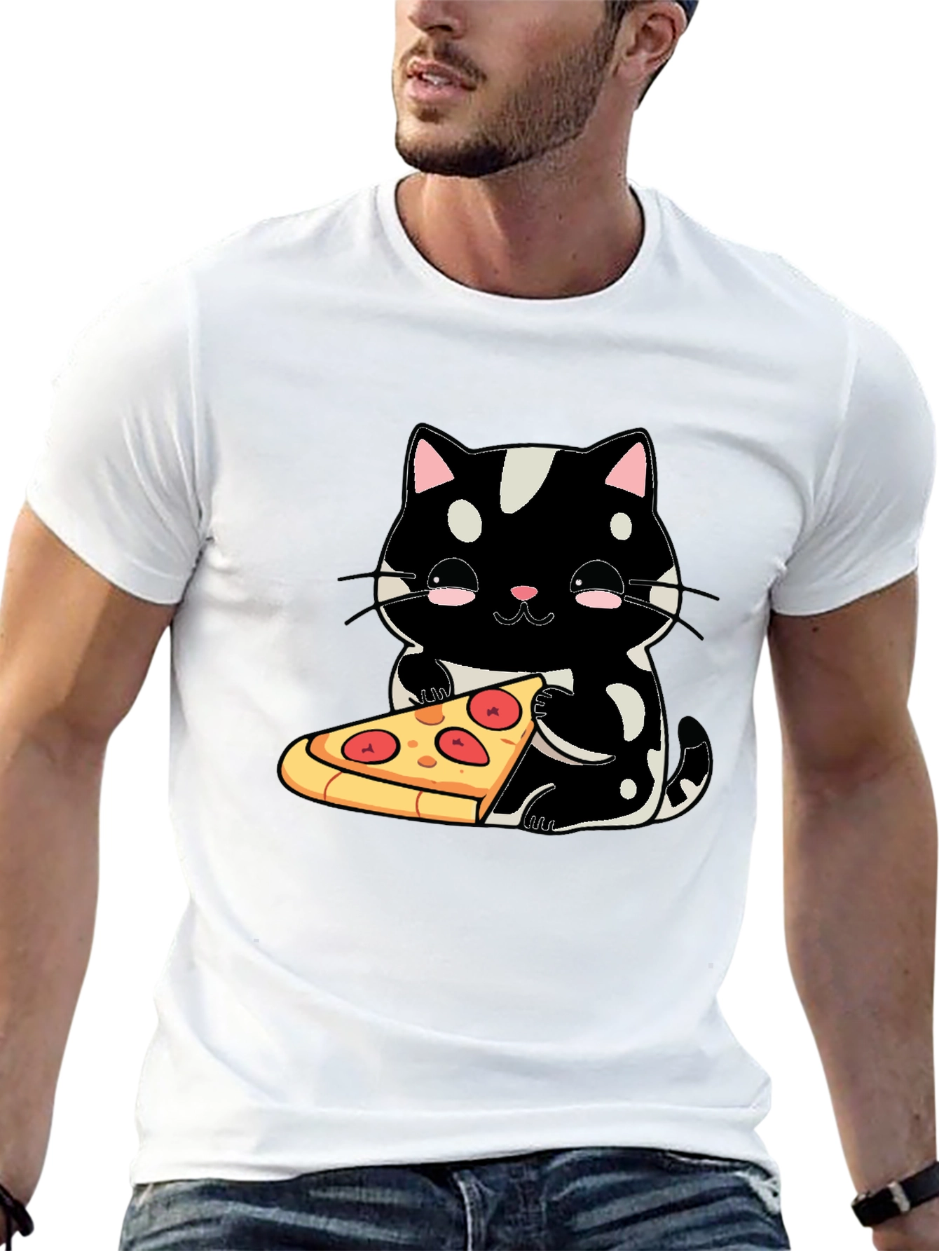 Black Cute Cat Pizza Graphic Tee - Black Cotton T-Shirt view 13