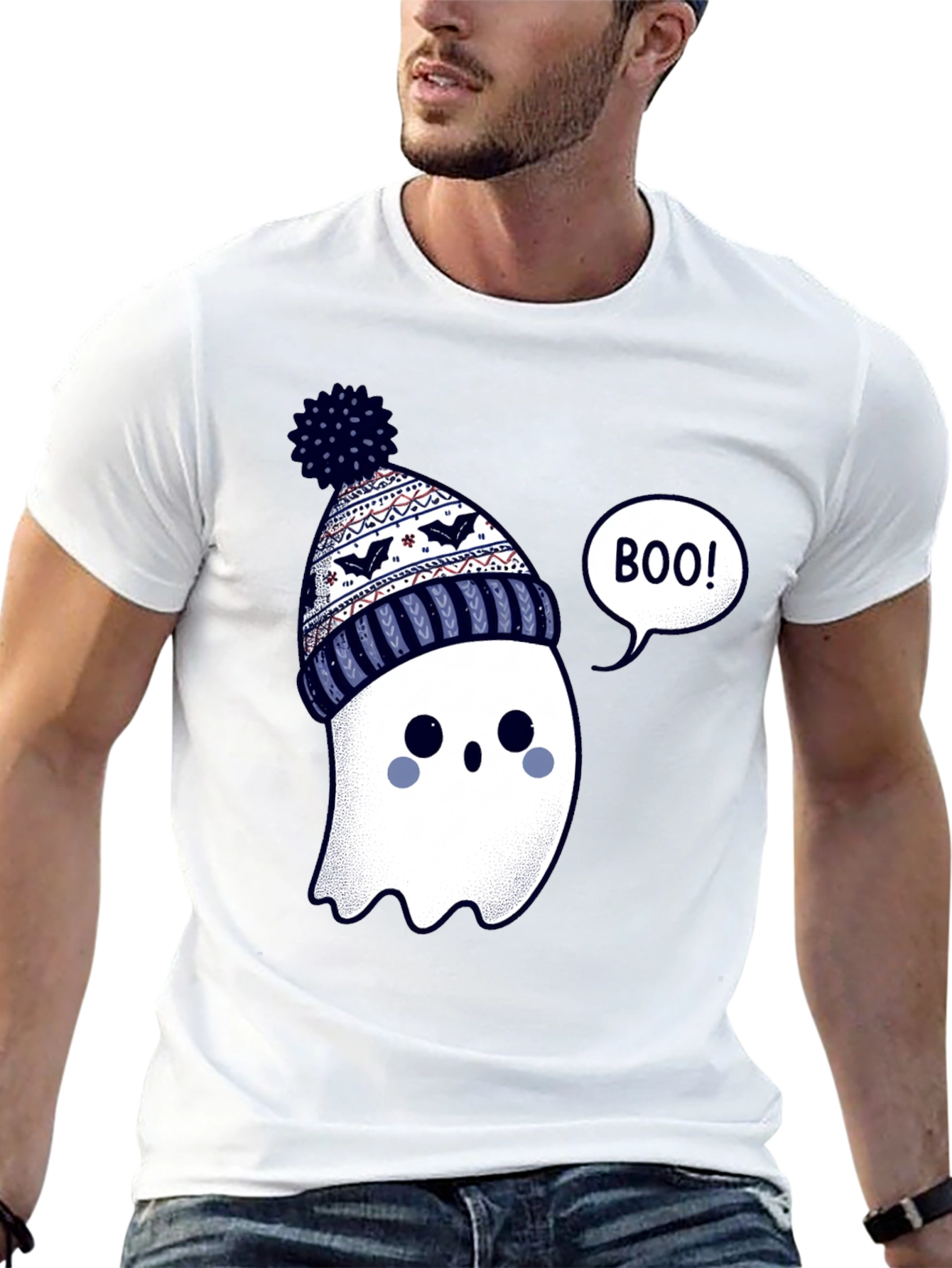 Black Cute Ghost in Beanie T-Shirt - Halloween Style view 13