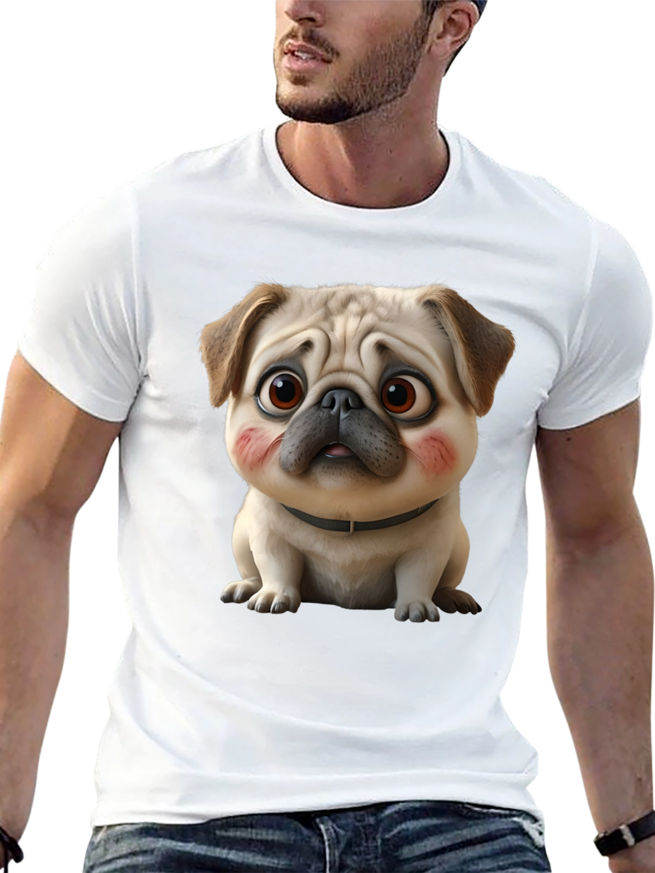 Black Cute Cartoon Pug Dog Black T-Shirt view 13