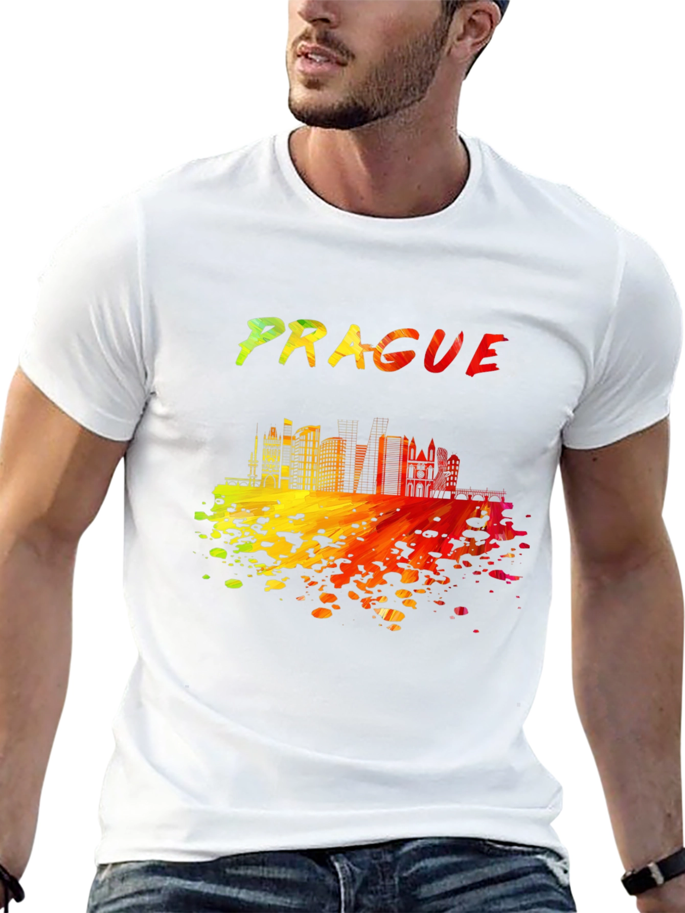 Prague Skyline Men's Black Graphic T-Shirt - 13