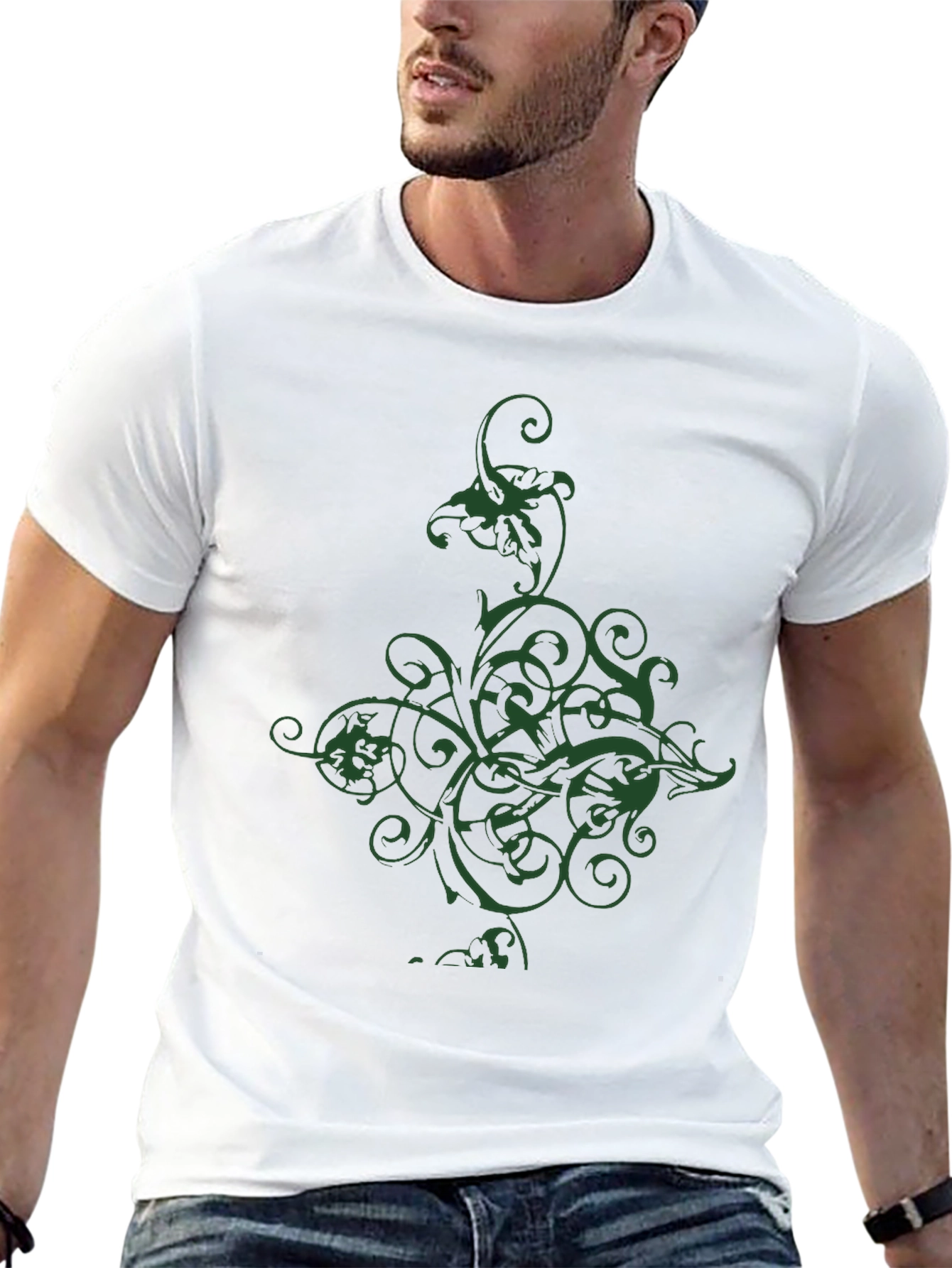 Black Men's Black T-Shirt with Green Floral Graphic view 13
