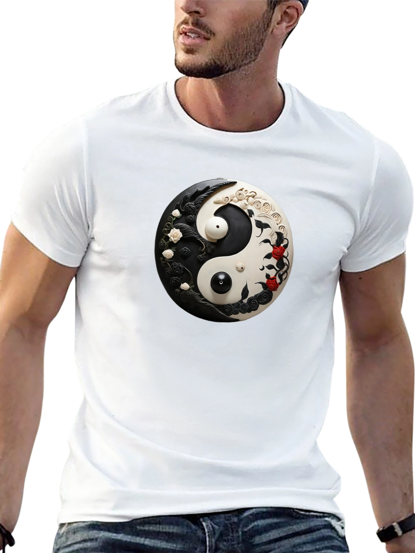 Black Yin Yang Floral Graphic Black T-Shirt view 13