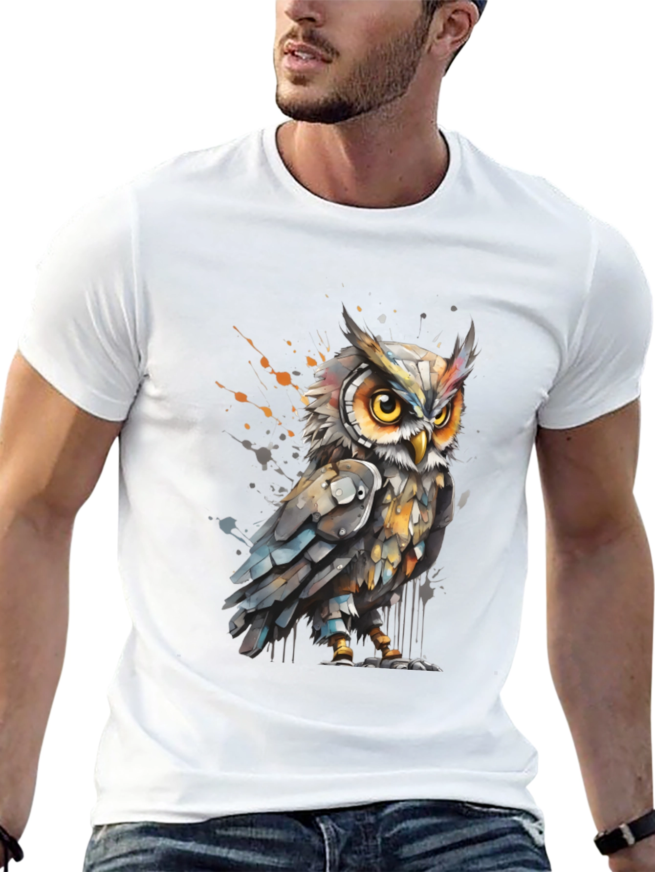 Black Artistic Owl Graphic Tee - Cool Bird T-Shirt view 13