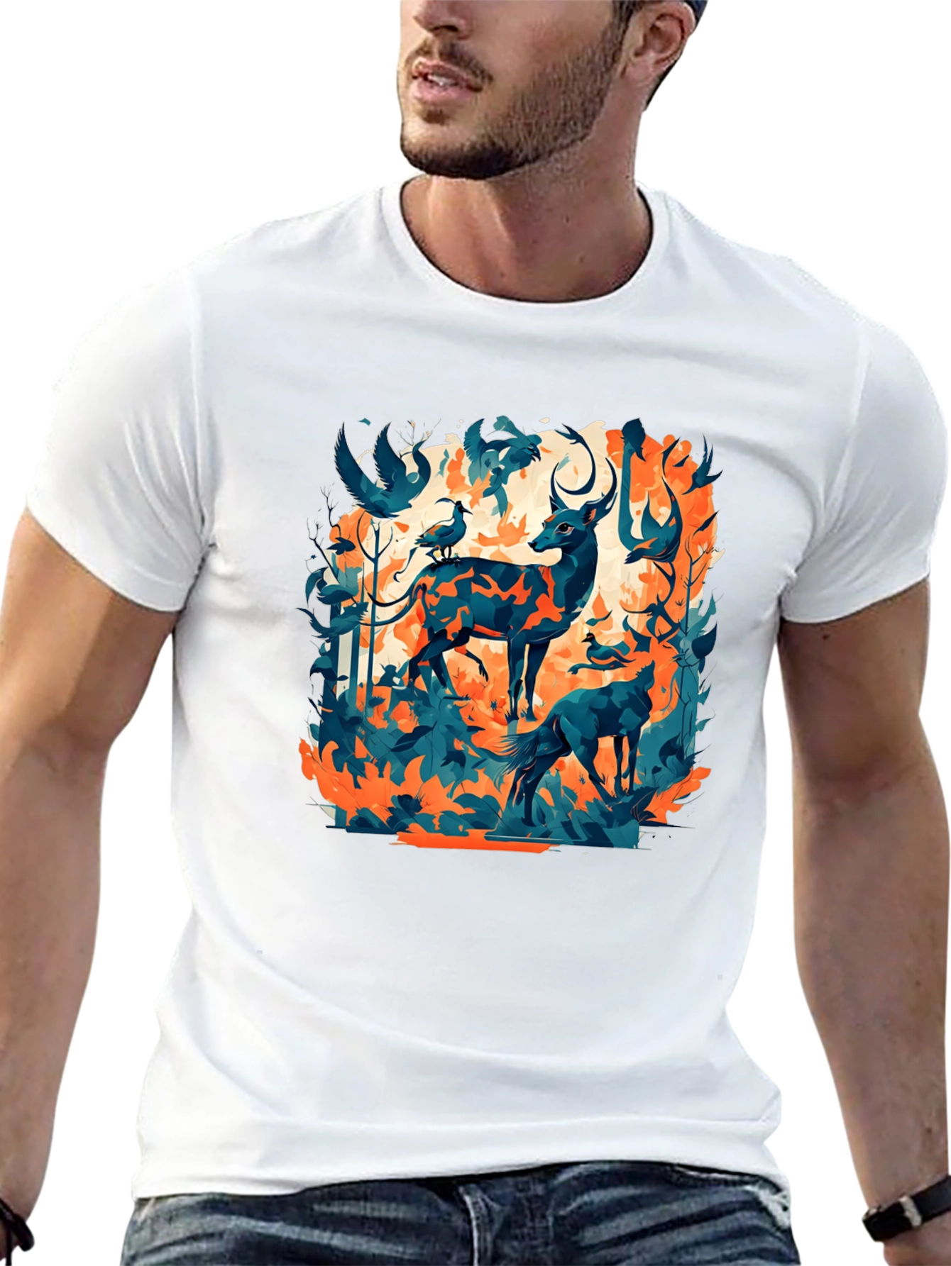 Black Nature Inspired Graphic Tee - Deer & Birds Design view 13