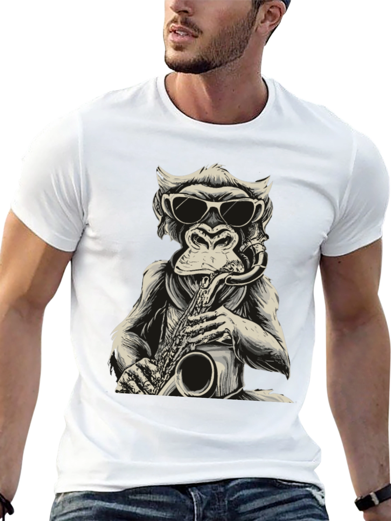 Black Cool Monkey Saxophone Player Graphic T-Shirt view 13