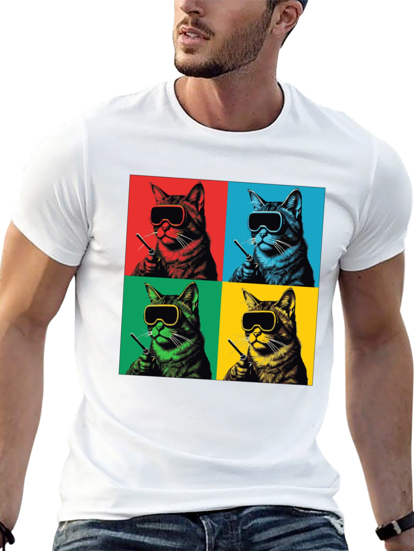Black Pop Art Cat T-Shirt - Quirky Feline Style view 13