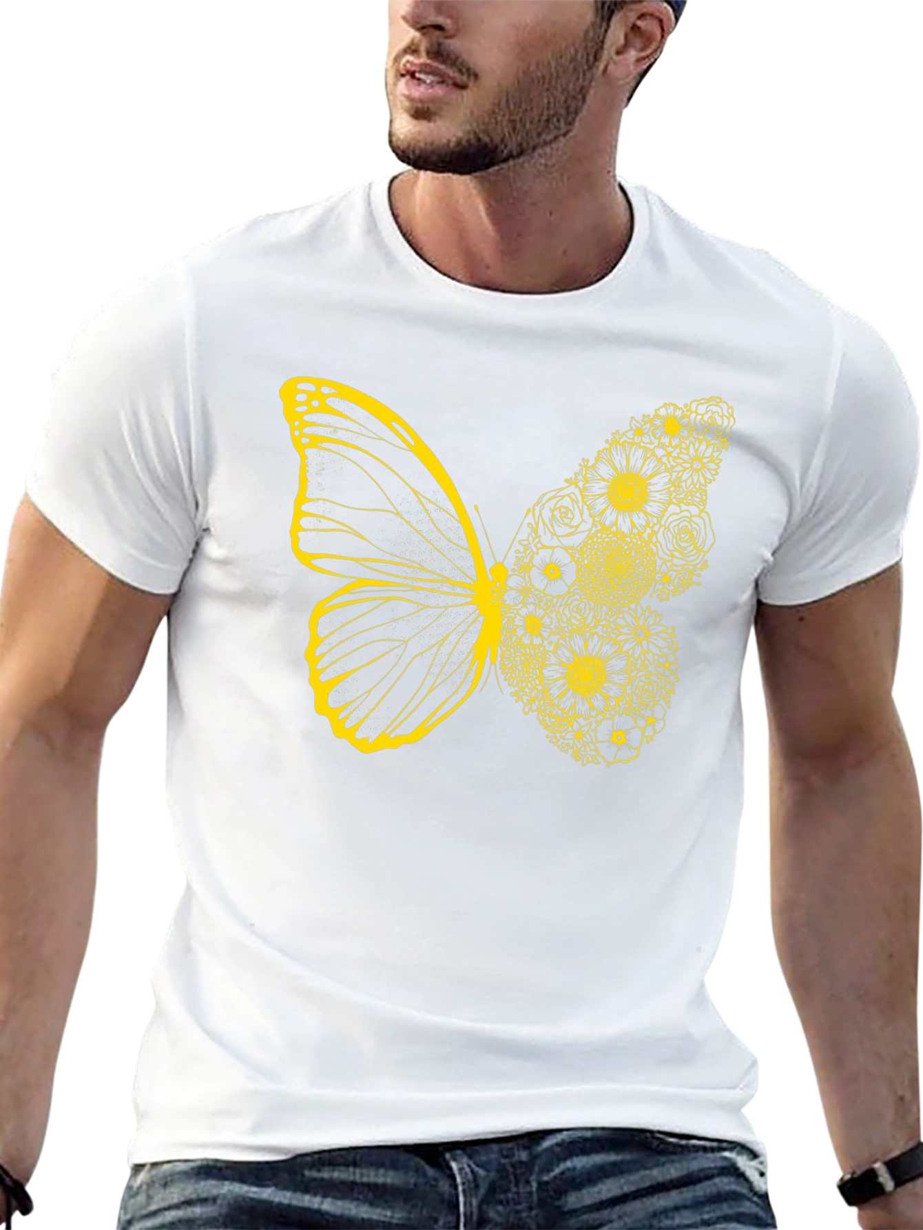 Black Floral Butterfly Graphic Tee - Black Cotton Casual Top view 13