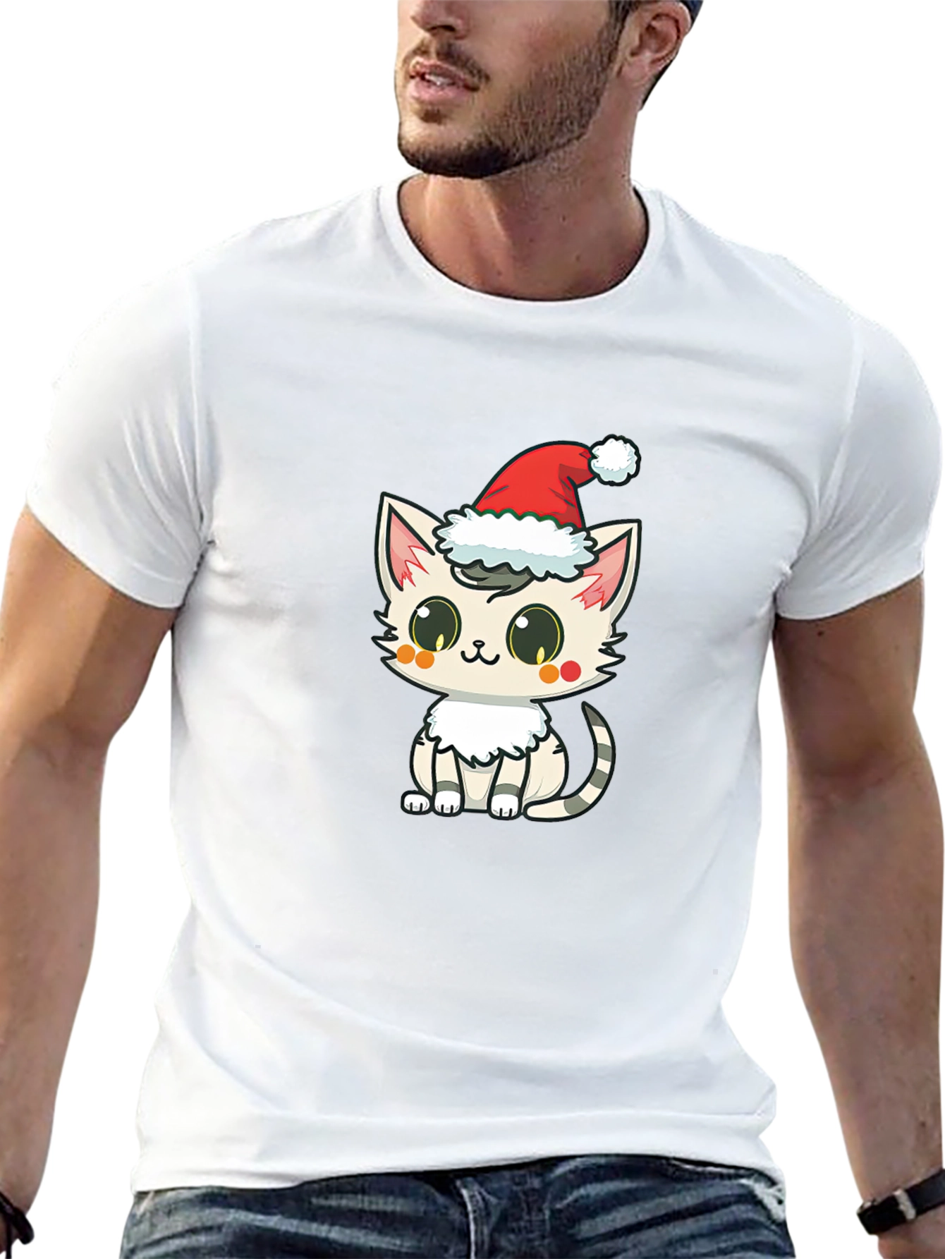 Black Cute Cat in Santa Hat Graphic T-Shirt view 13