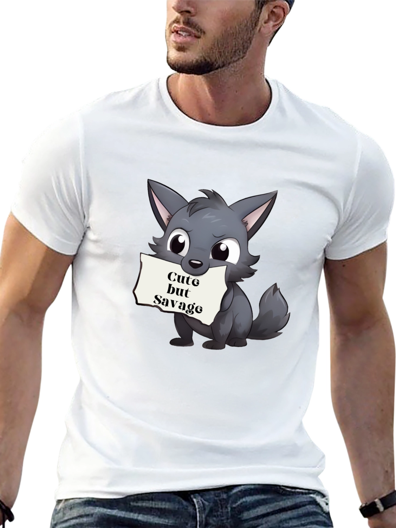 Black Cute but Savage Cartoon Wolf Black T-Shirt view 13