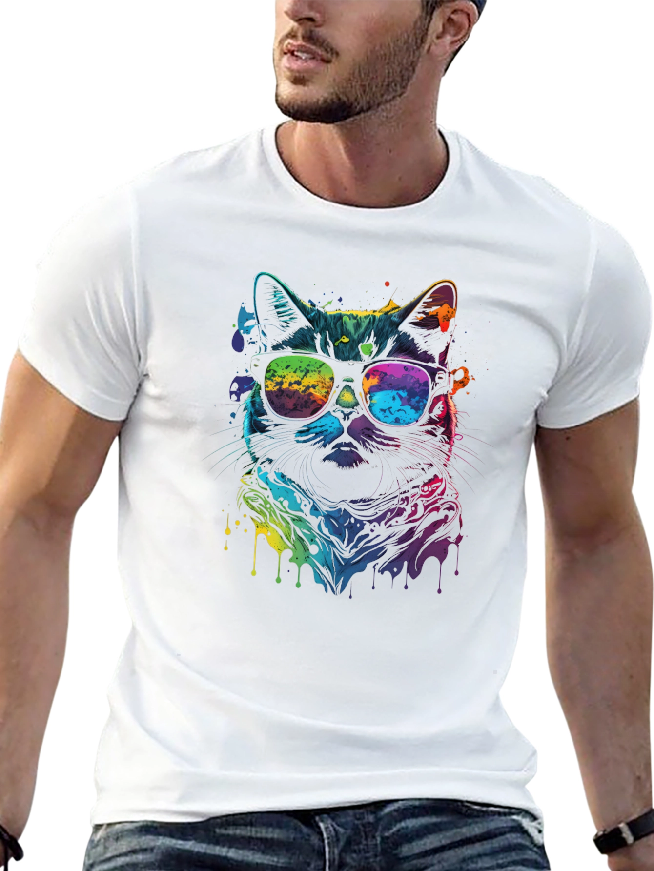 Black Cool Cat Tee - Vibrant Rainbow Graphic view 13
