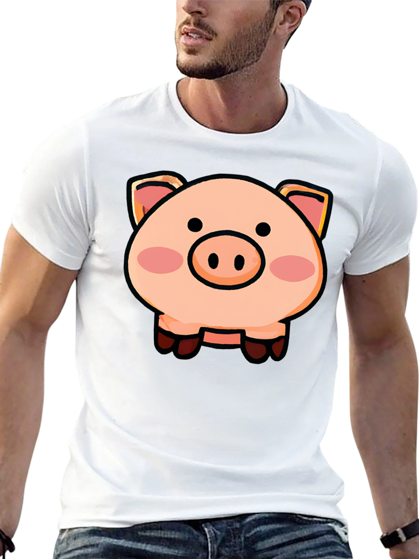 Black Cartoon Pig Graphic Tee - Unisex Black T-Shirt view 13