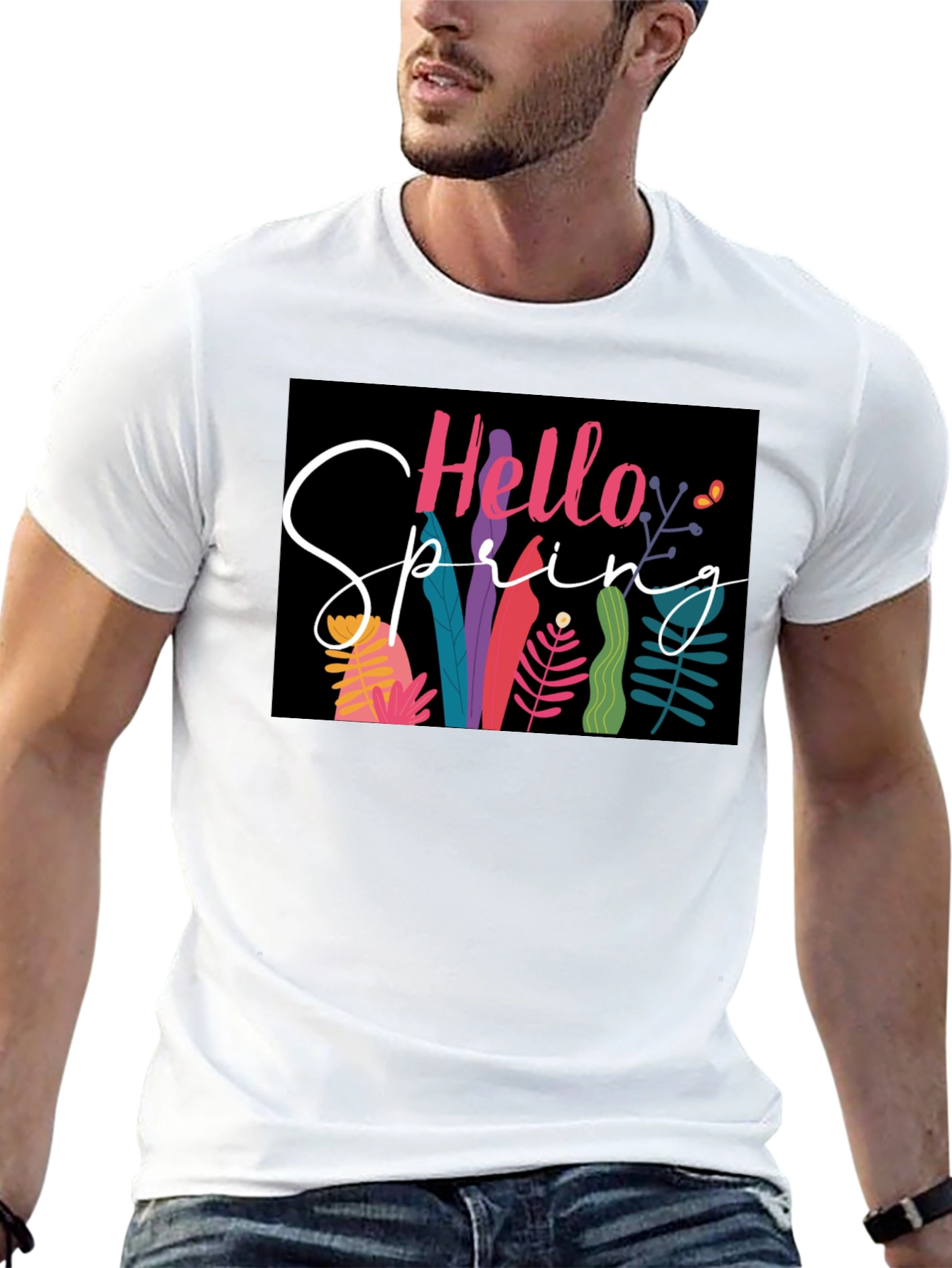 Black Hello Spring Graphic Tee - Black Cotton Casual view 13