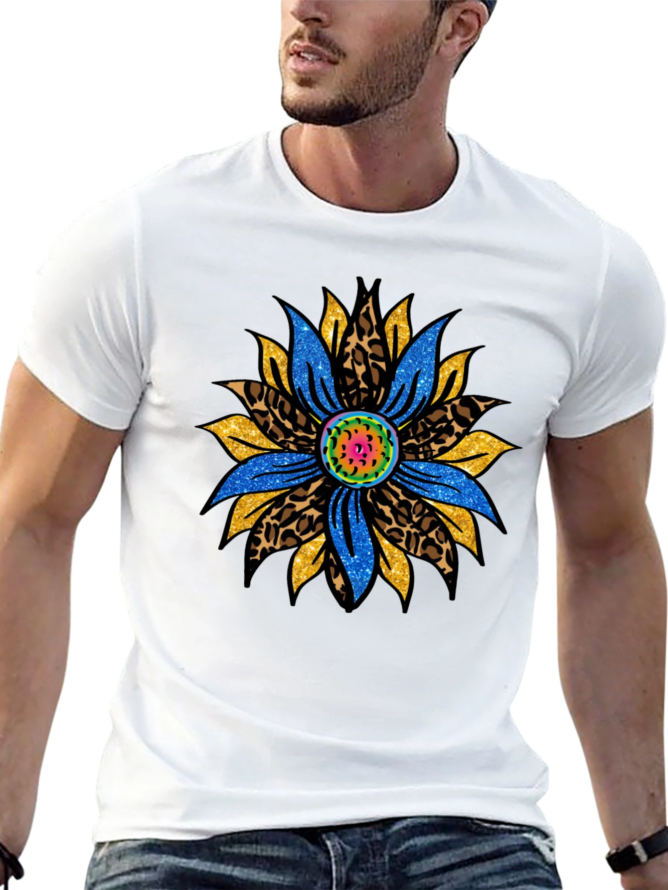 Black Floral Print Men's Black T-Shirt view 13