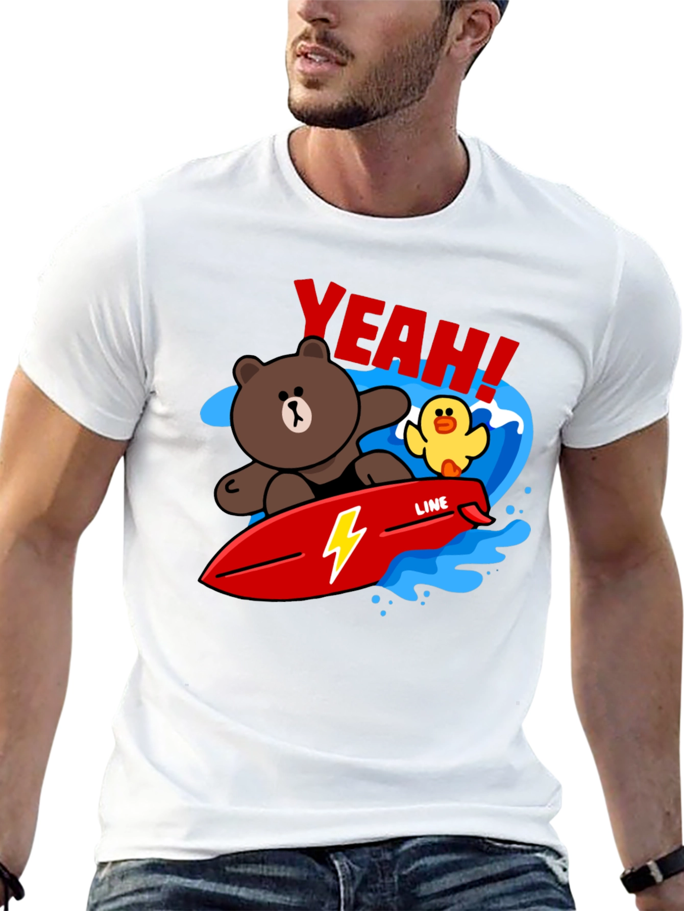 Black Cartoon Bear Surfing Graphic T-Shirt view 13