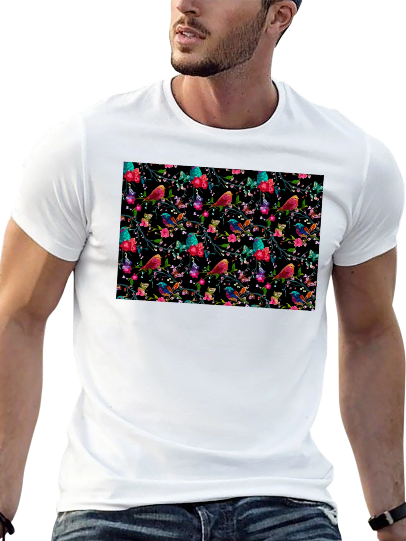 Black Floral Bird Print Black Tee view 13
