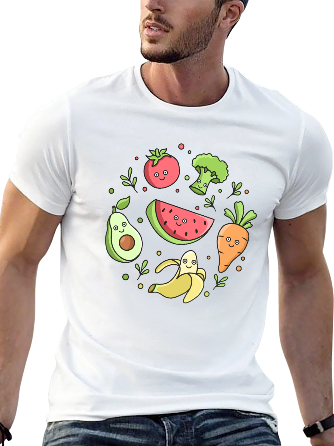 Cute Cartoon Fruits and Veggies Graphic Tee - 13