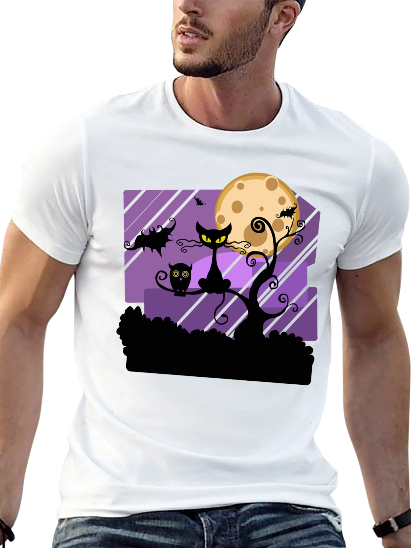 Black Halloween Black Cat & Moon Graphic T-Shirt view 13