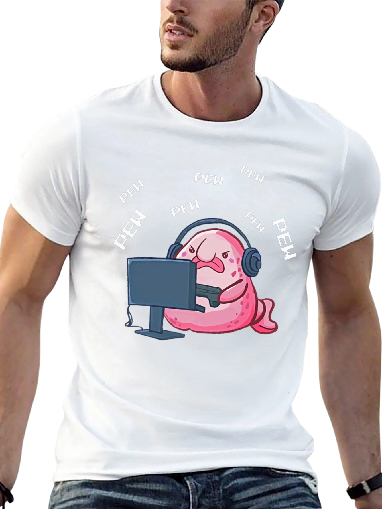 Black Gamer Blobfish T-Shirt - Pew Pew Funny Tee view 13