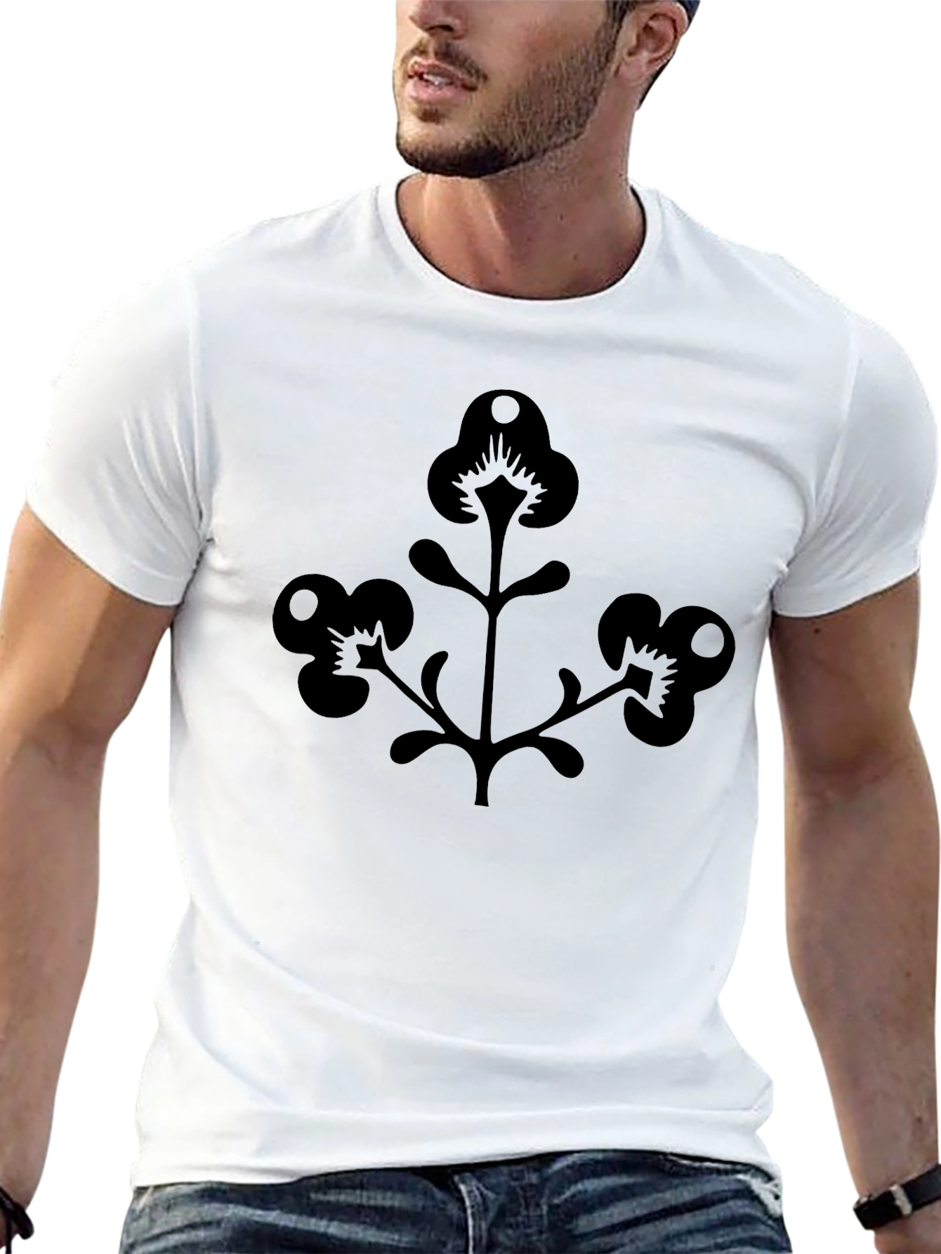 Men's Black T-Shirt with Floral Silhouette Design - 13