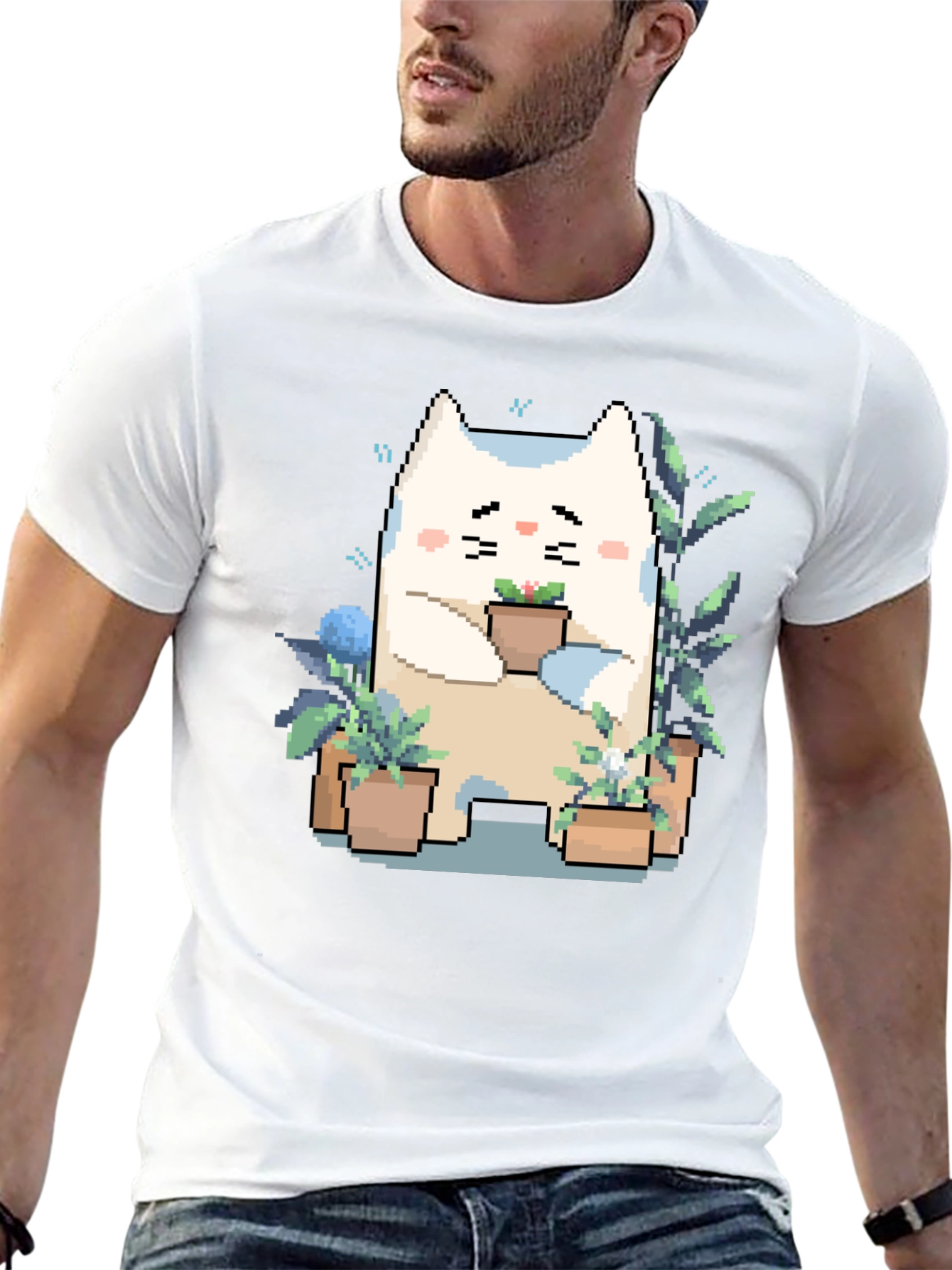Black Cute Pixel Cat with Plants Black T-Shirt view 13