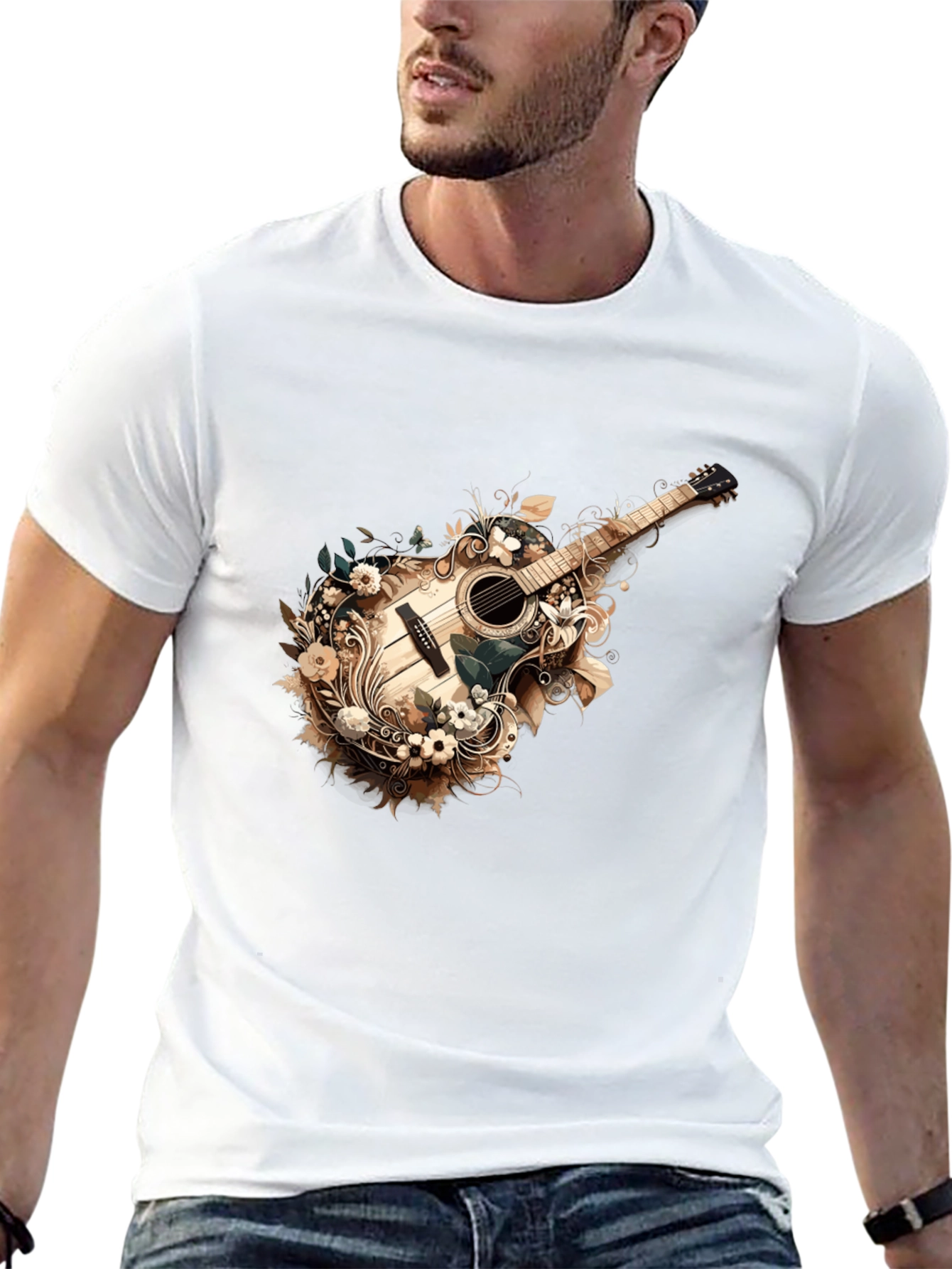 Black Floral Guitar Graphic Tee - Stylish Black T-Shirt view 13