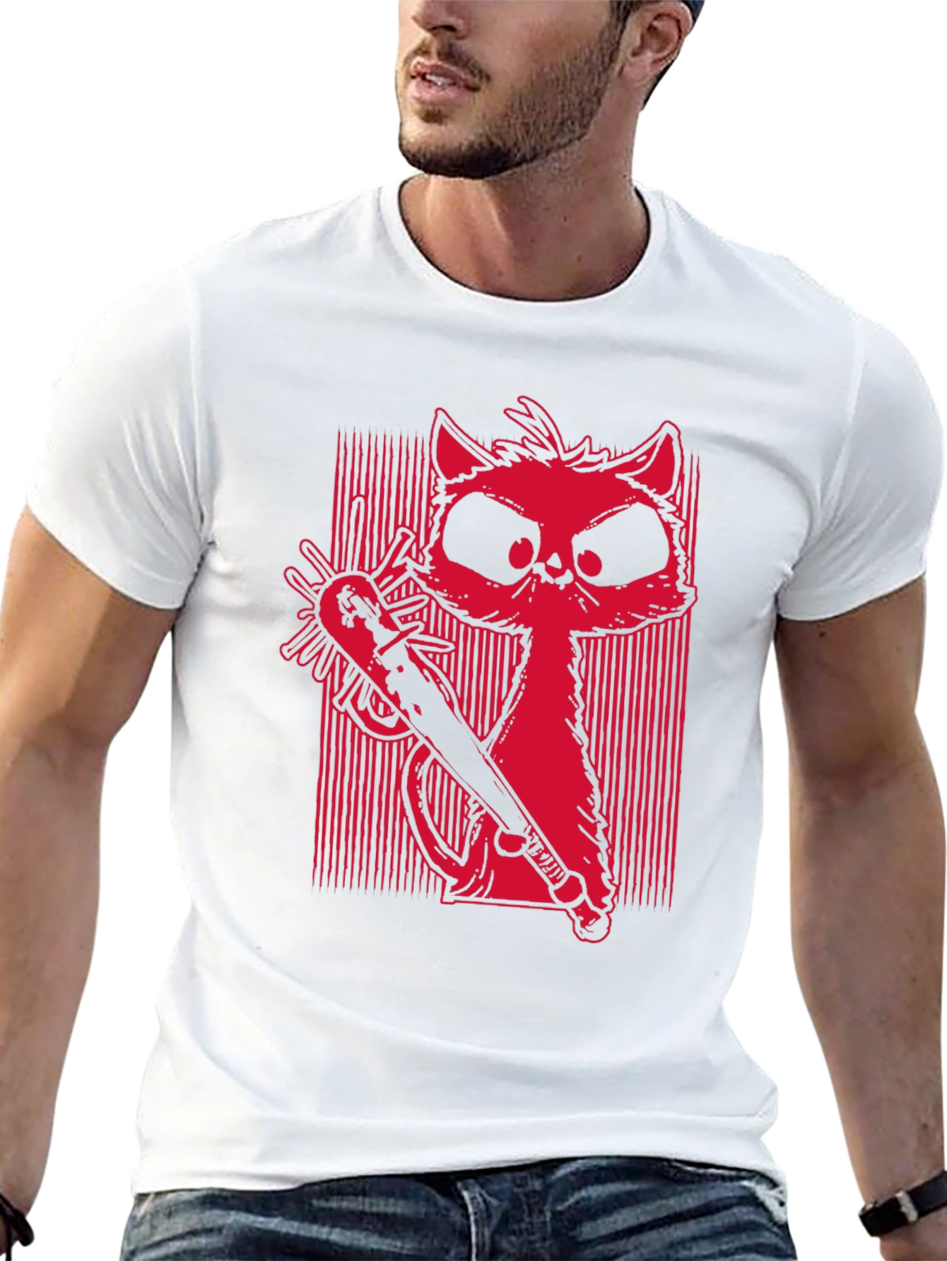 Black Men's Graphic Tee - Cat with Baseball Bat view 13