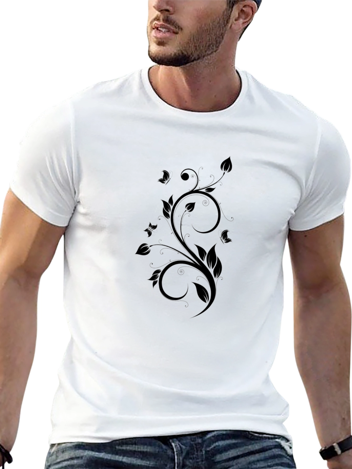 Elegant Floral Swirl Black T-Shirt - 13