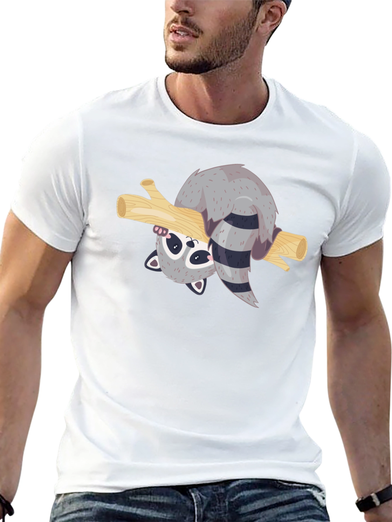 Black Cute Raccoon on Branch Black T-Shirt view 13