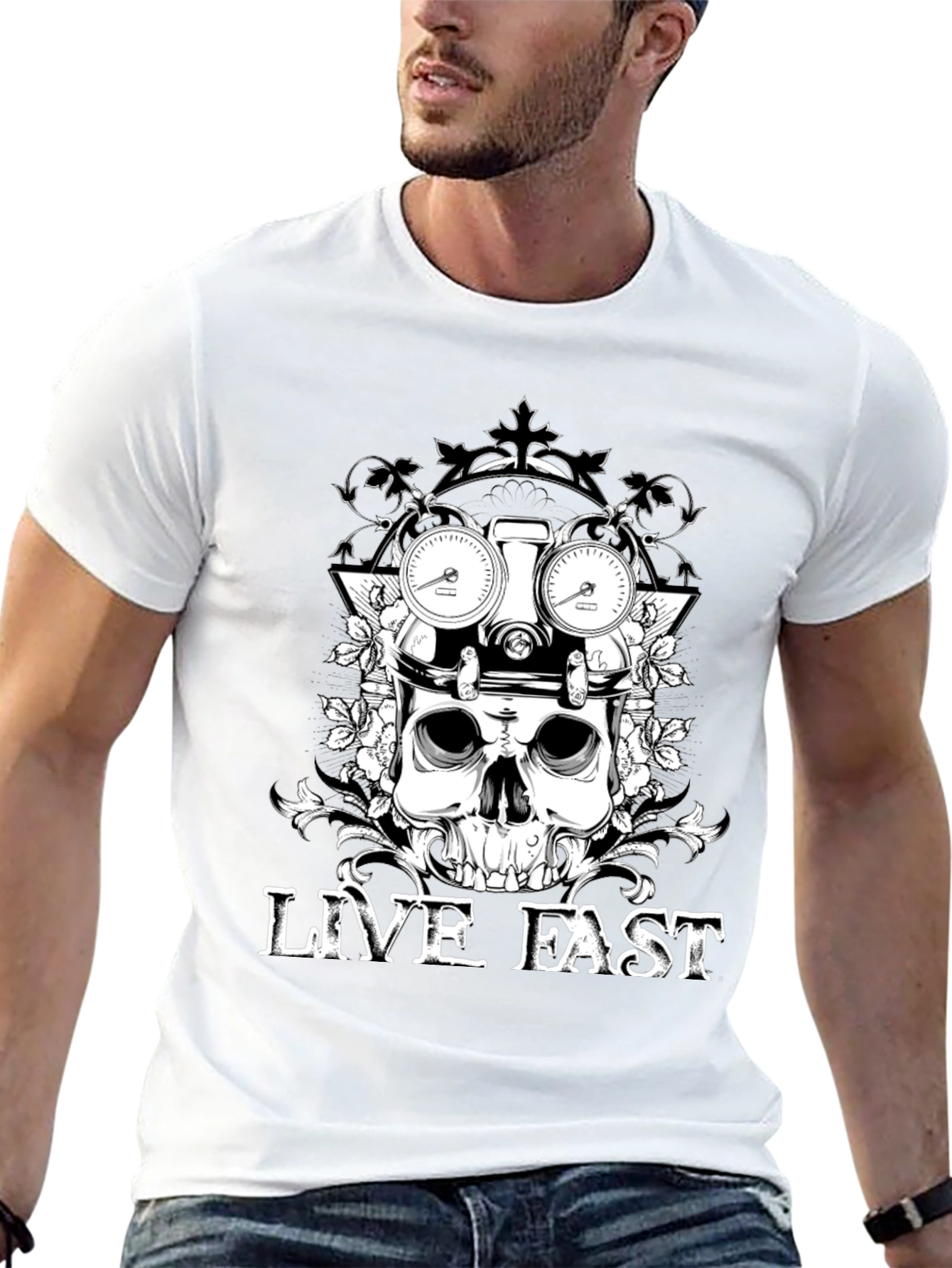 Black Live Fast Skull Graphic Tee - Black Cotton T-Shirt view 13