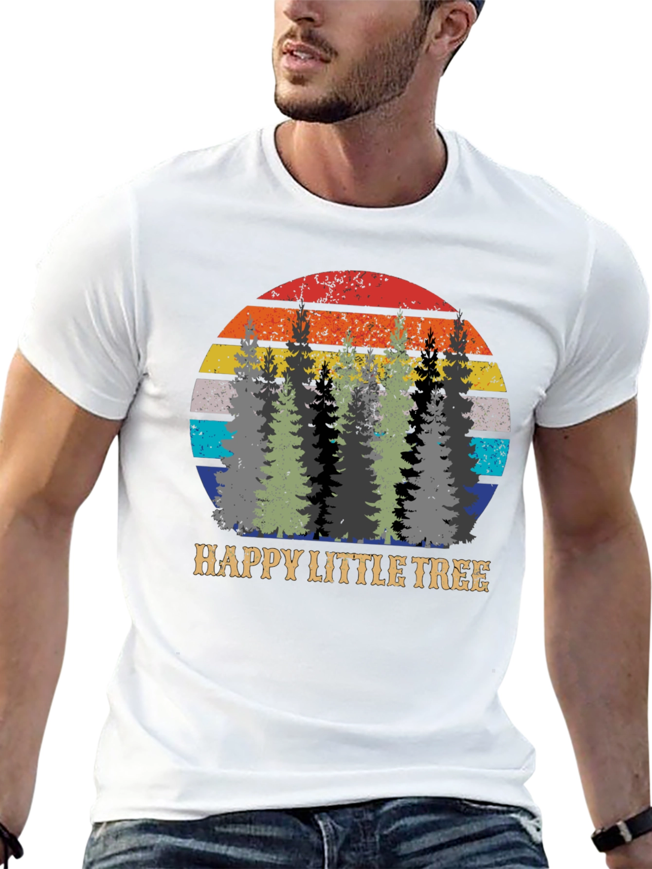 Black Happy Little Tree Retro Sunset Graphic Tee view 13