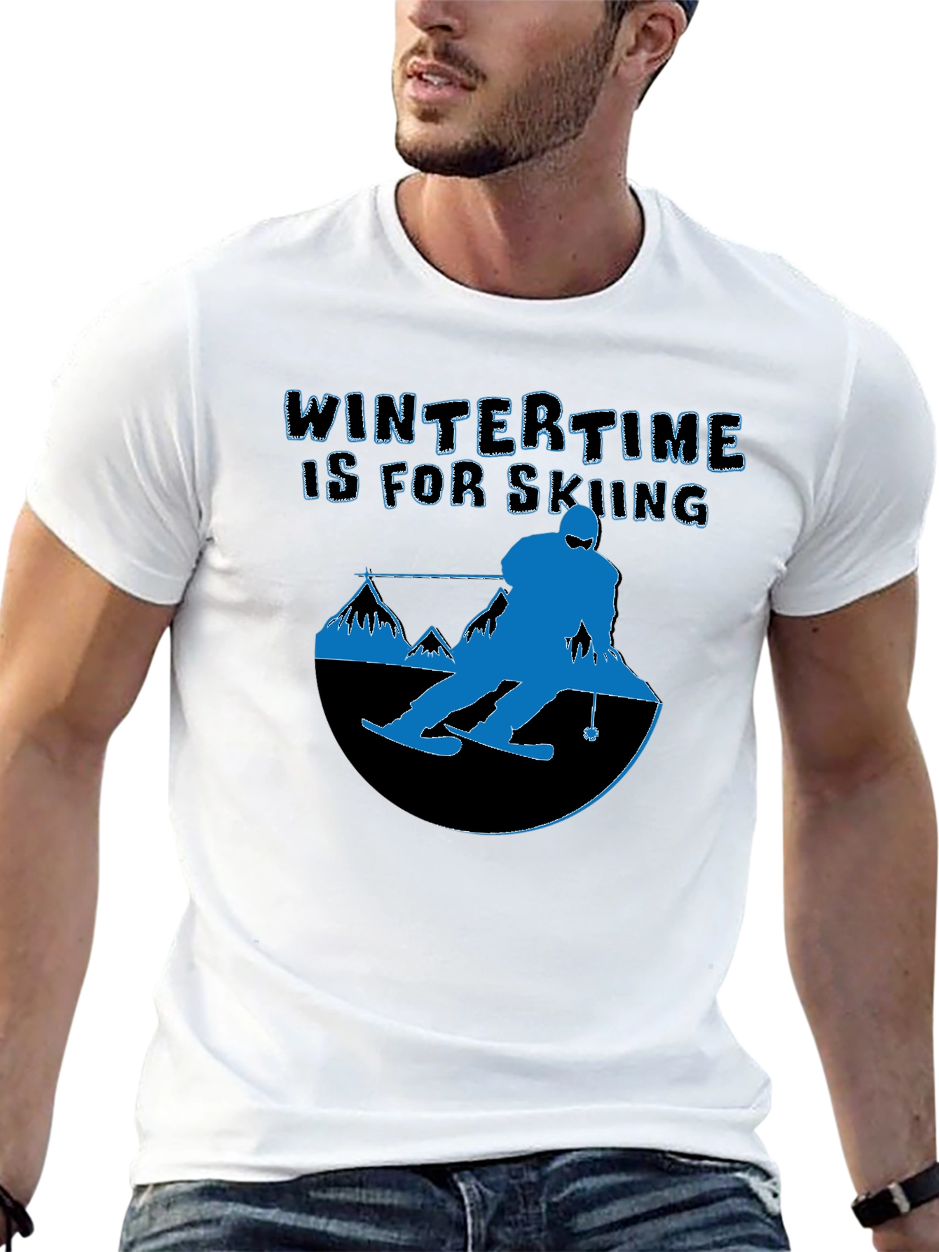 Black Winter Skiing Graphic Tee - Black Cotton T-Shirt view 13
