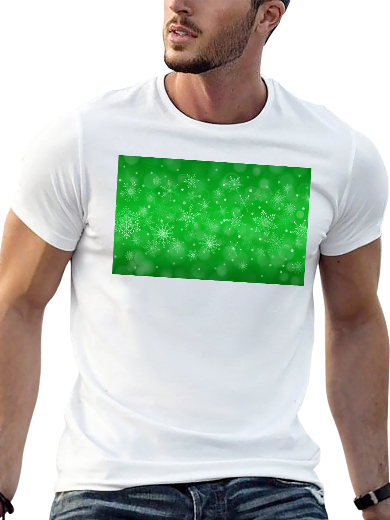 Black Snowflake Festive Green Holiday T-Shirt view 13