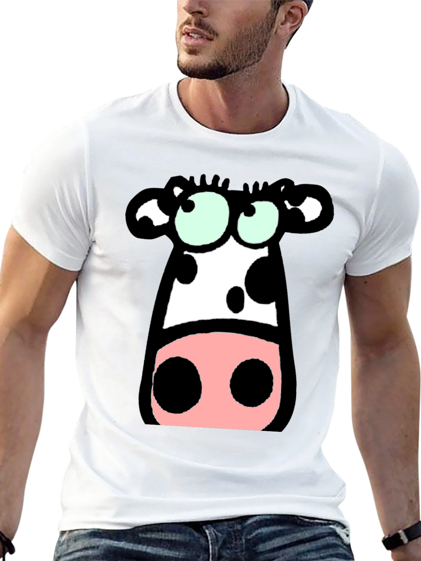 Black Cartoon Cow Graphic Tee - Black Cotton T-Shirt view 13