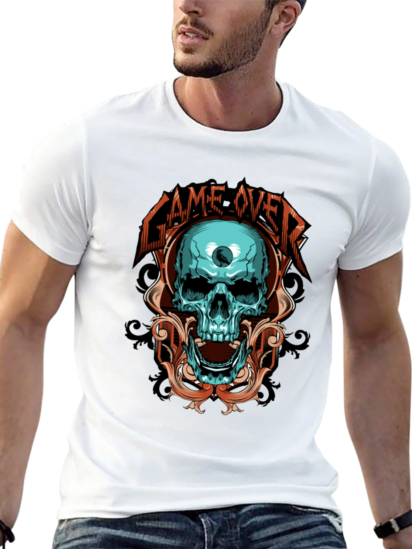 Black Game Over Skull Graphic Black T-Shirt view 13