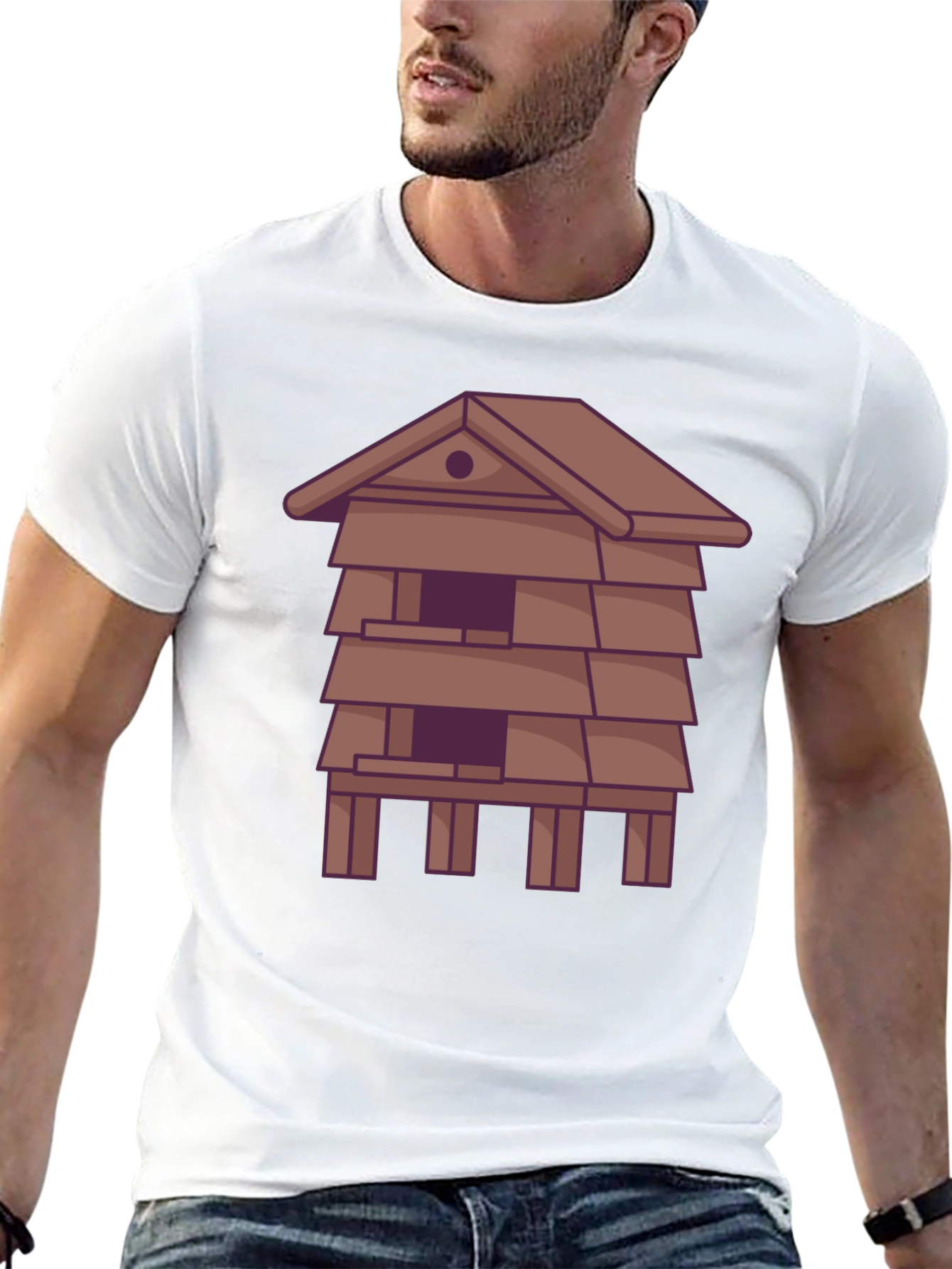 Black Unique T-Shirt with Stylized House Graphic view 13