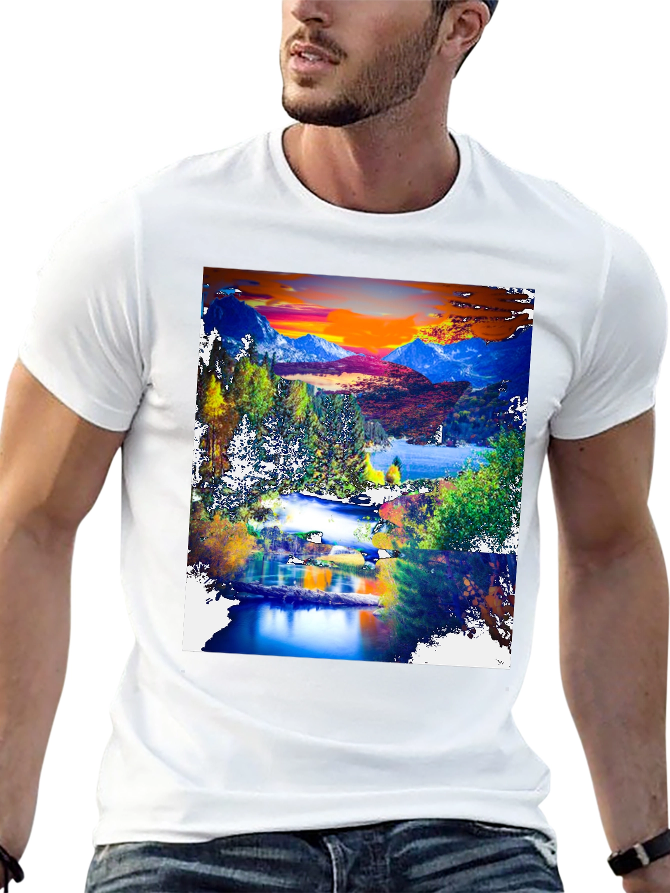 Black Nature's Canvas Tee: Mountain Lake Design view 13