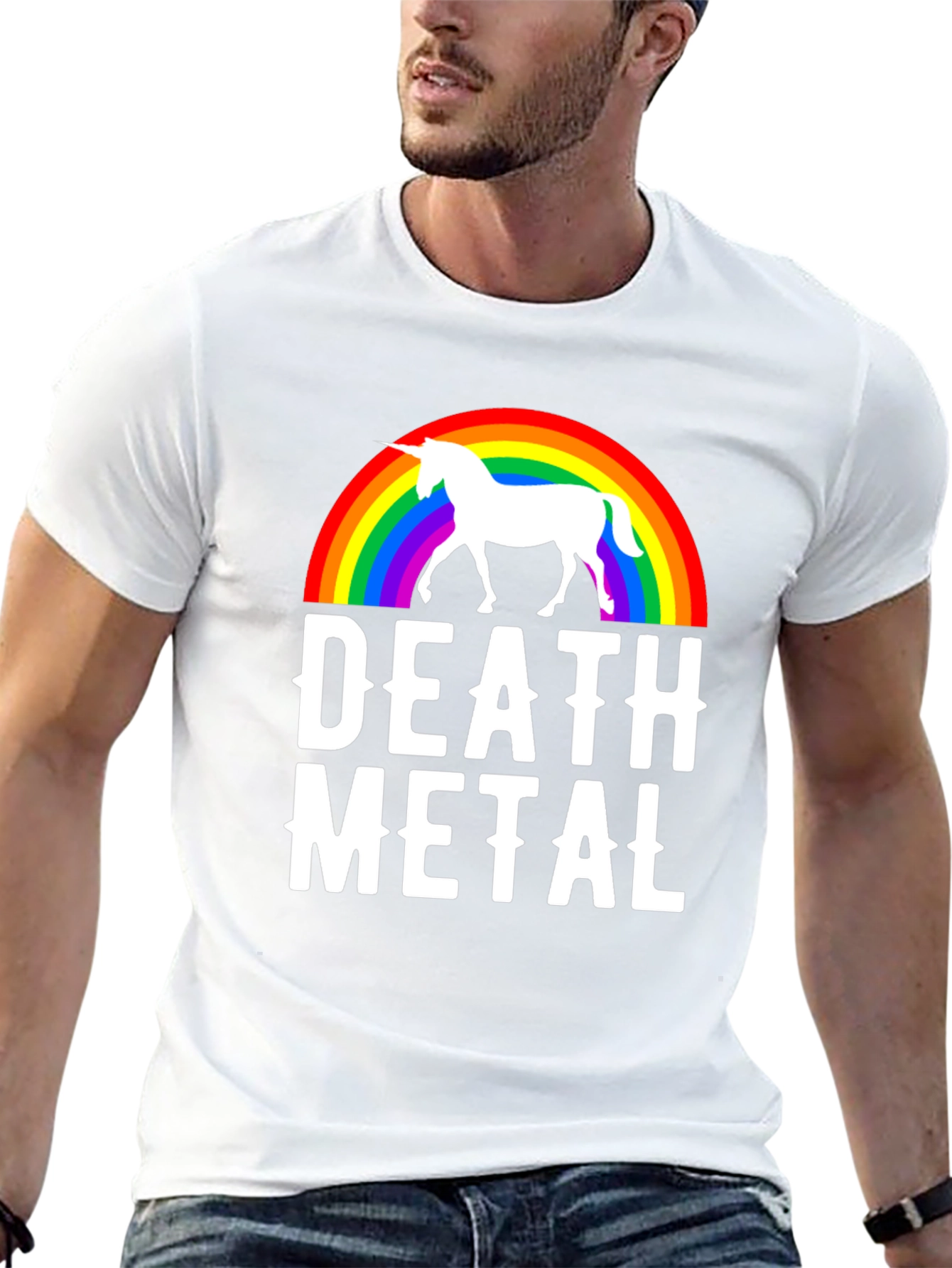 Black Death Metal Unicorn Rainbow T-Shirt - Black Cotton Tee view 13