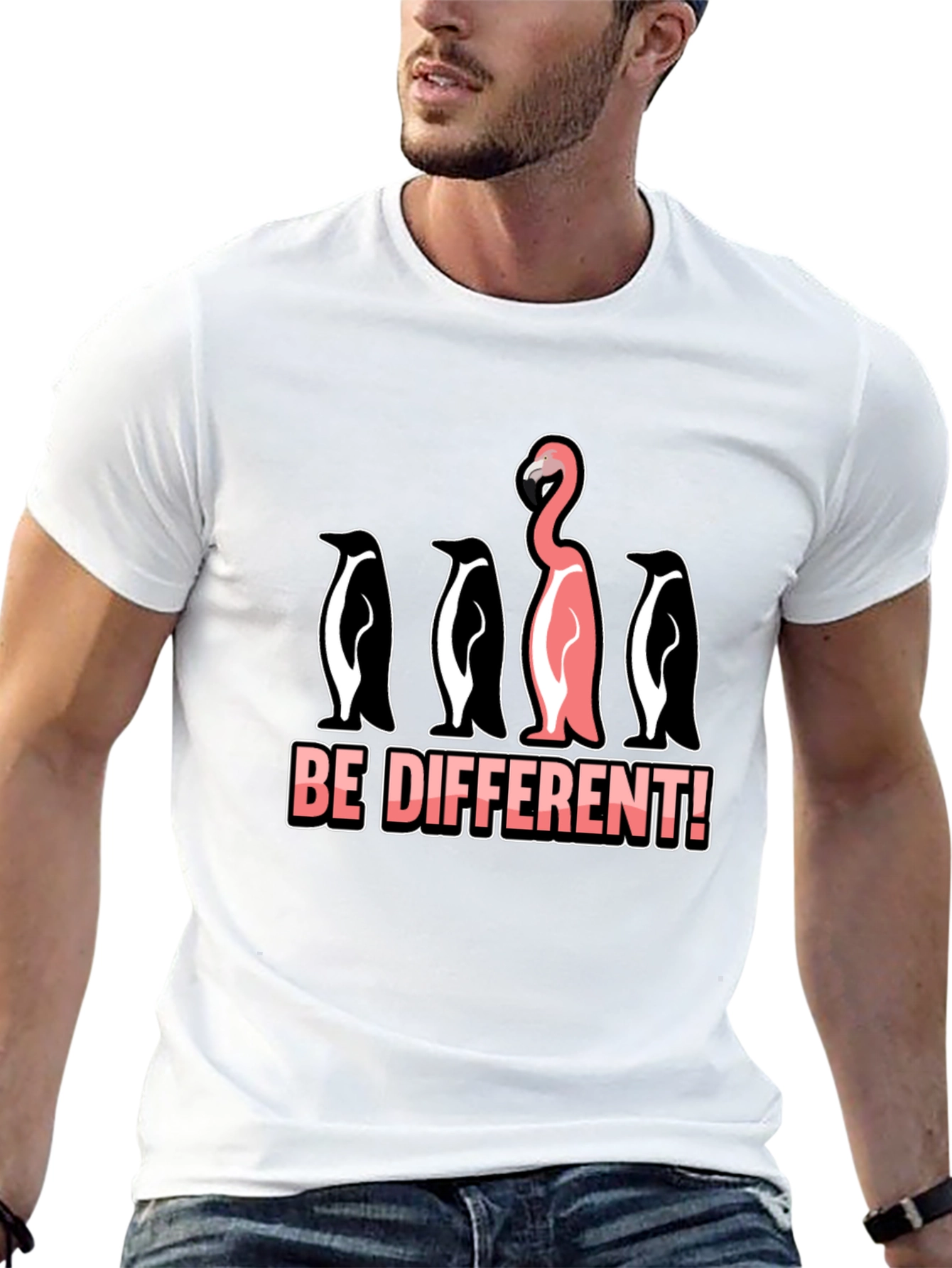 Black Be Different T-Shirt Flamingo Penguin Graphic Novelty Tee view 13