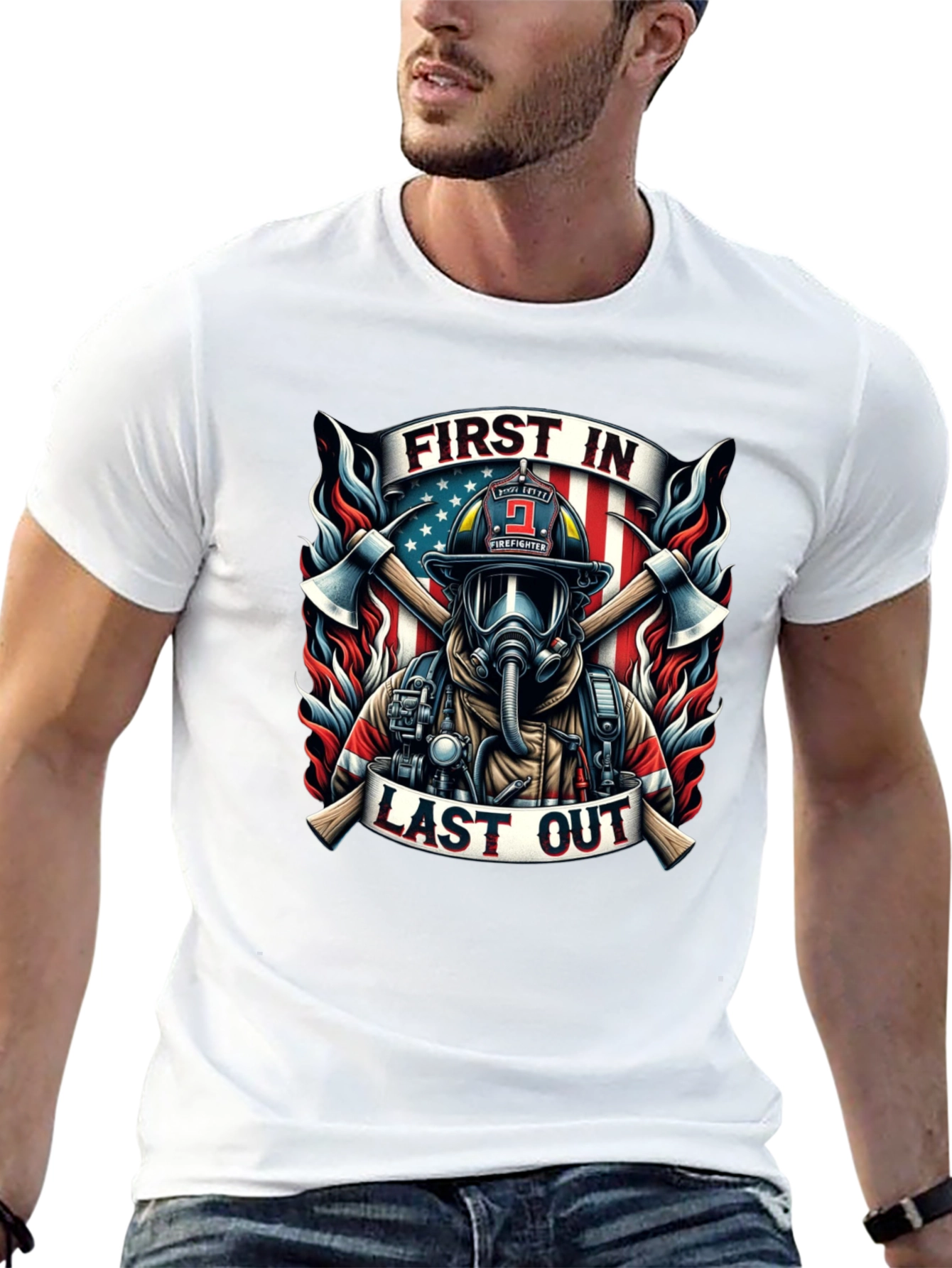 Black First In Last Out Firefighter Graphic Tee view 13