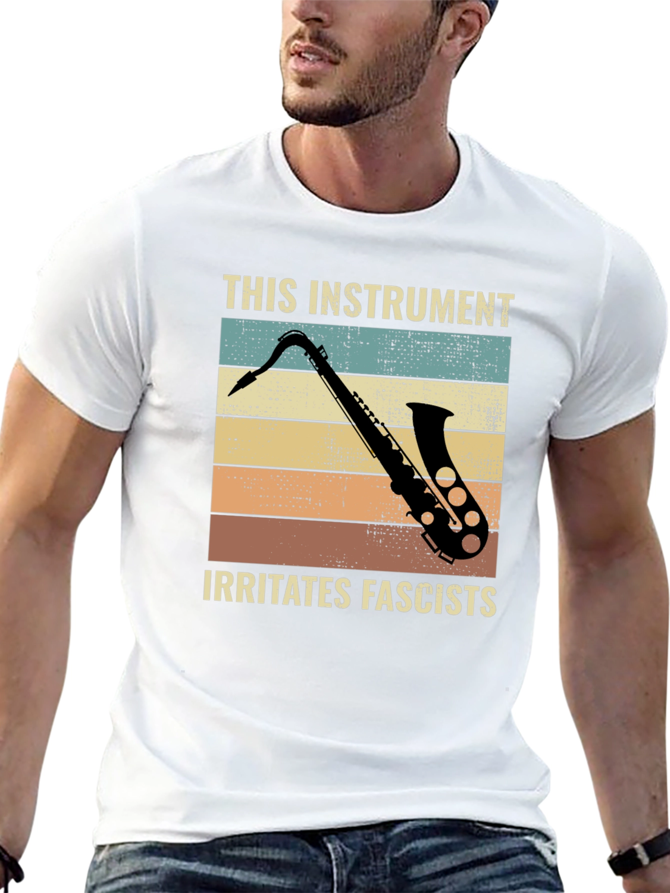Black Saxophone Irritates Fascists Graphic Tee view 13