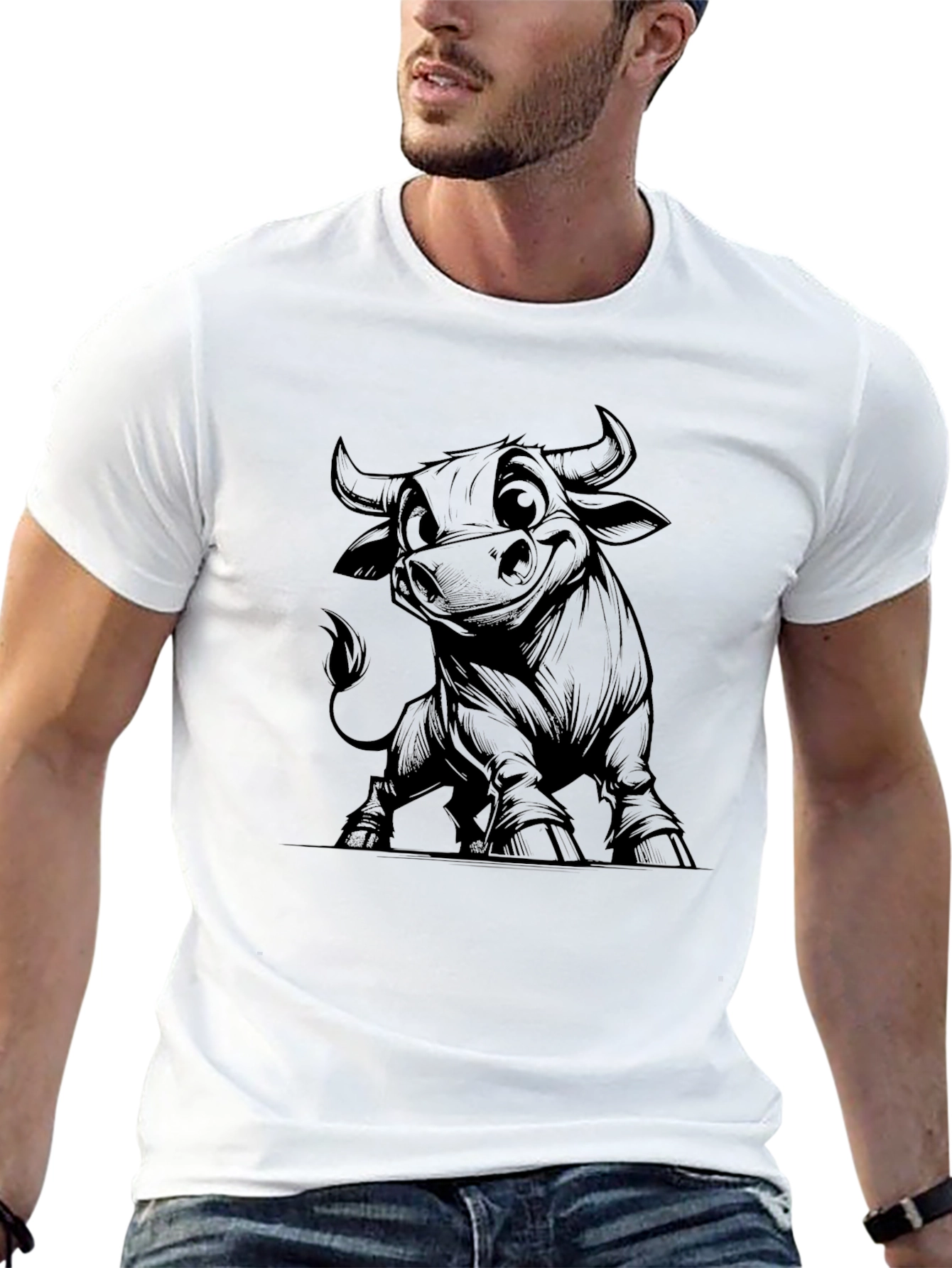 Black Cartoon Bull Graphic Tee - Black Cotton Blend view 13