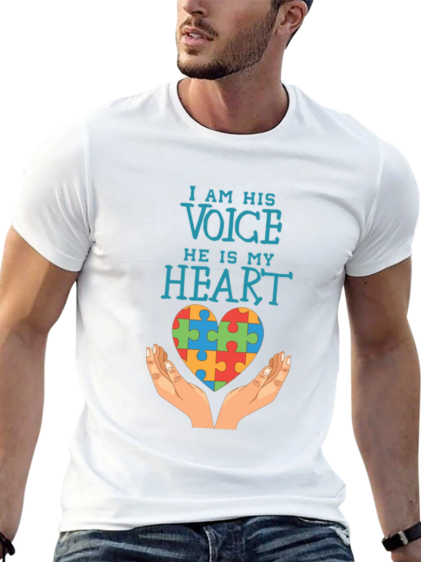 Black Autism Awareness T-Shirt: I Am His Voice, He Is My Heart view 13