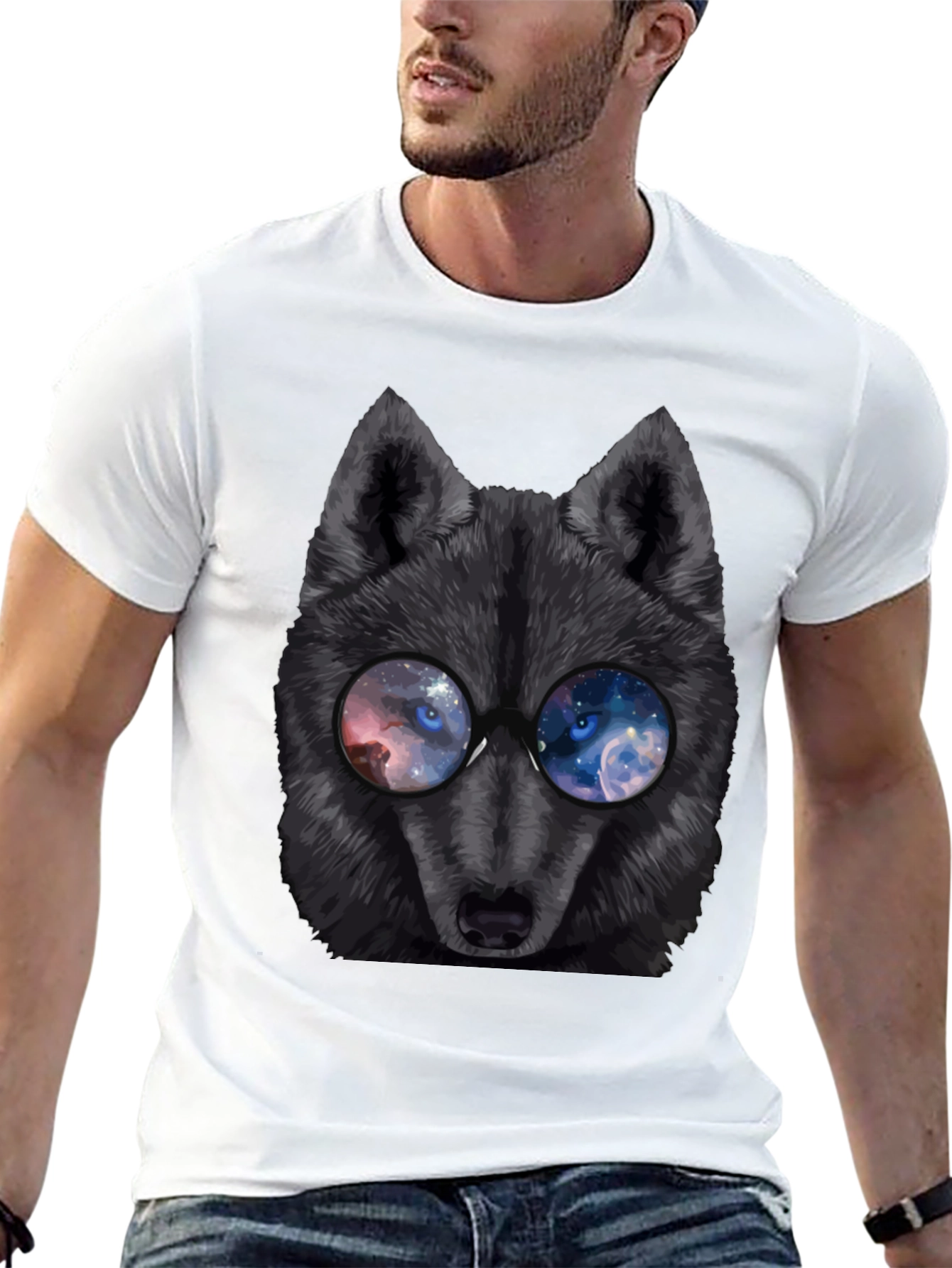 Black Cool Wolf with Galaxy Glasses T-Shirt view 13