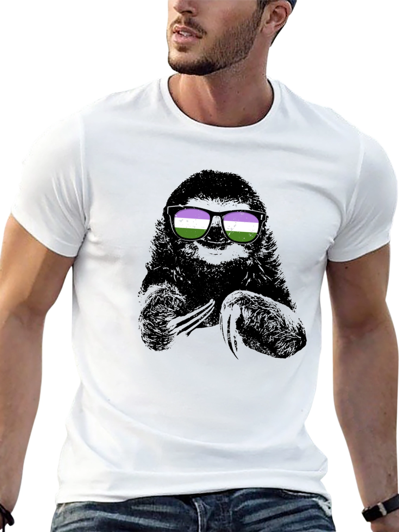 Black Sloth Wearing Genderqueer Pride Sunglasses T-Shirt view 13