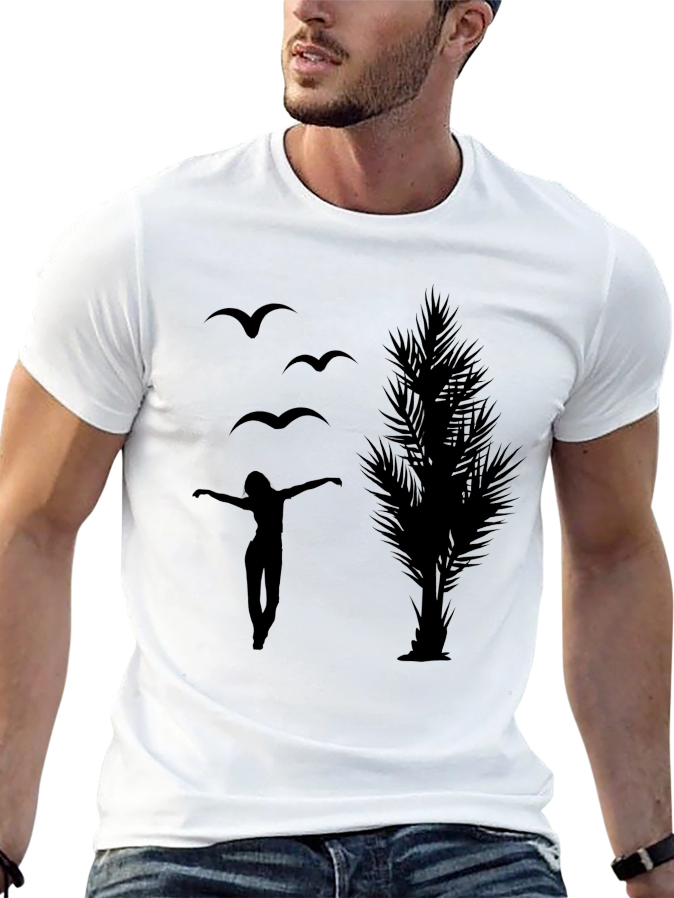 Black Silhouette Graphic Tee - Birds, Woman, Tree view 13
