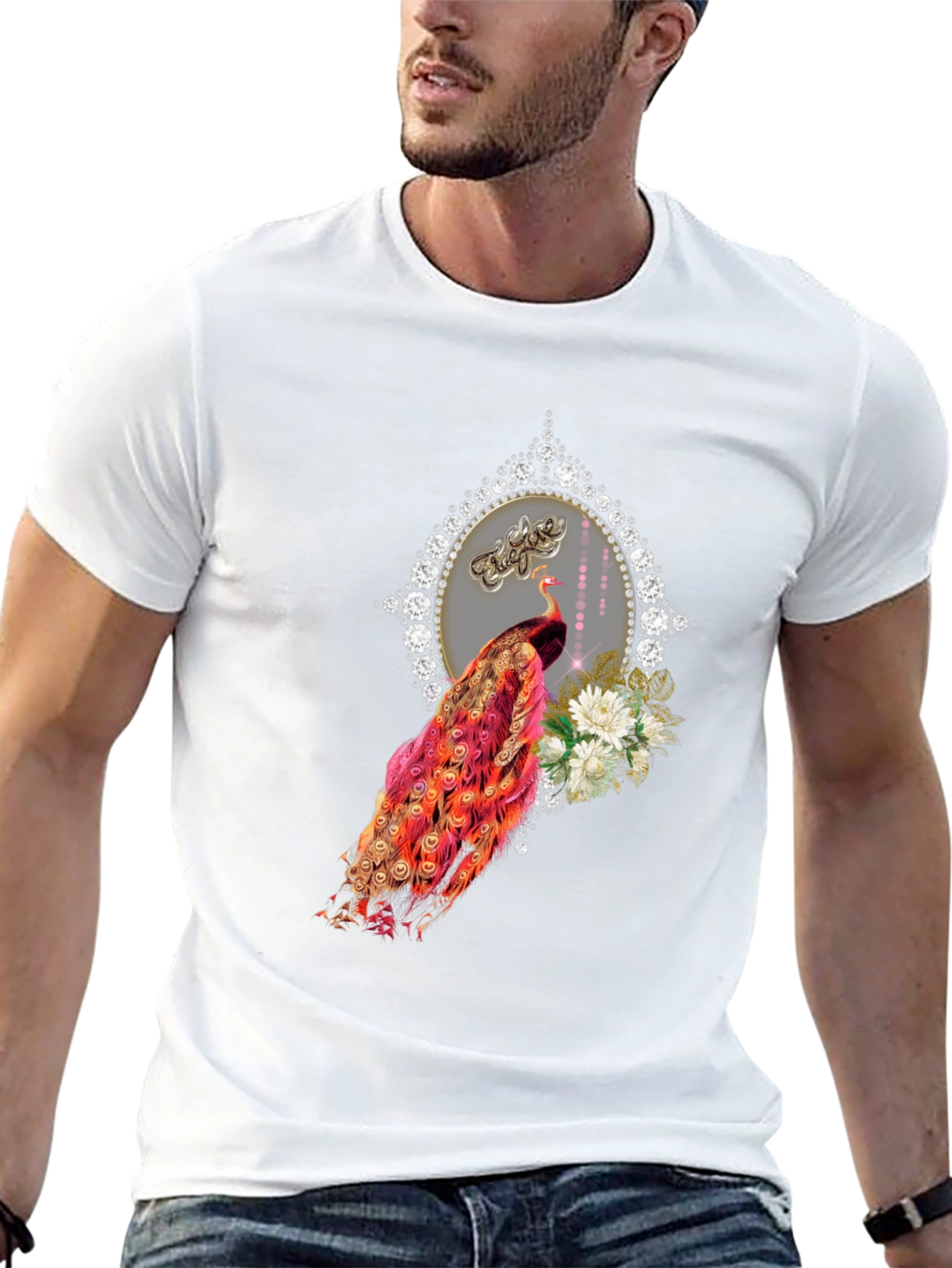 Elegant Peacock Graphic Tee - Diamond Frame - 13