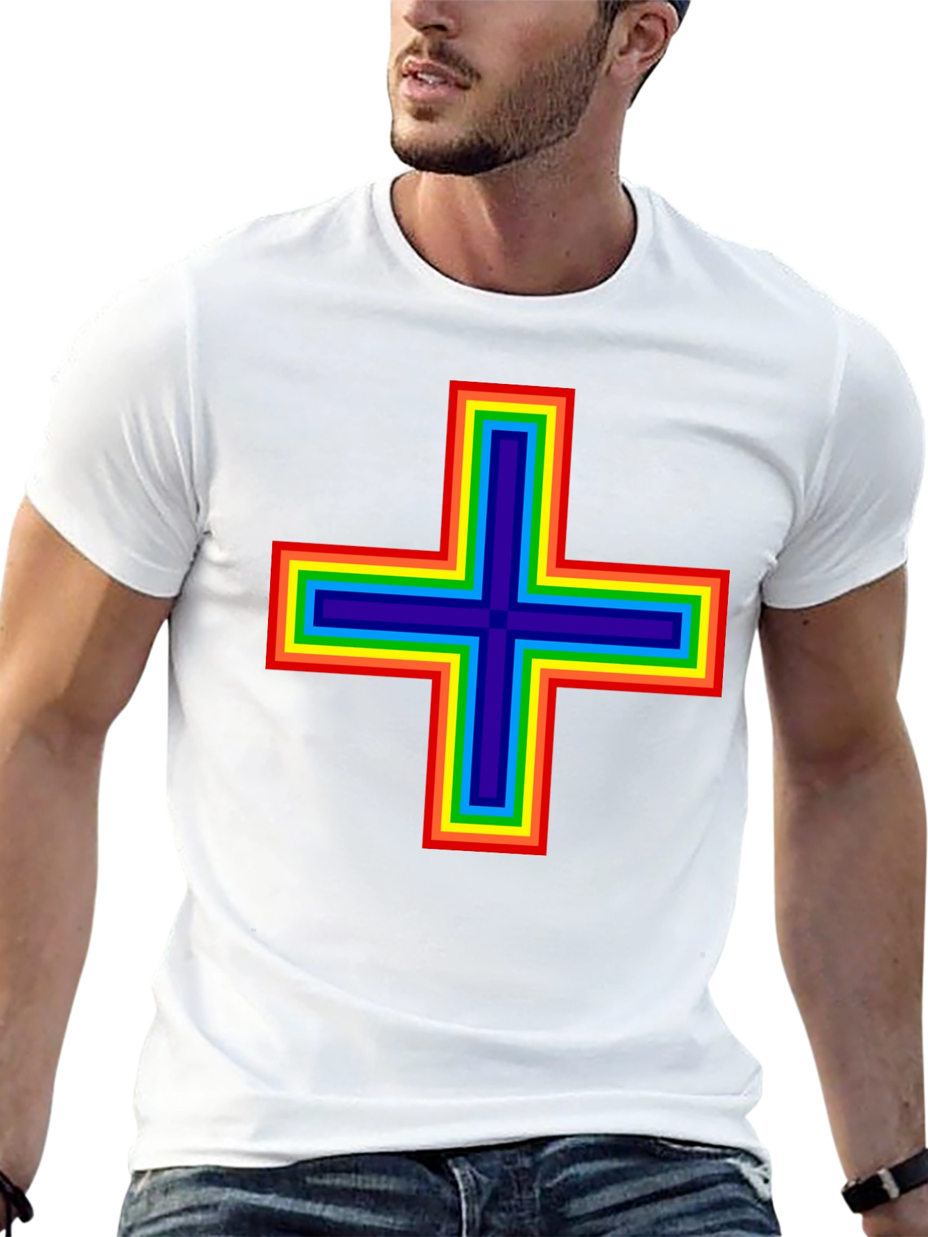 Black Rainbow Plus Sign Graphic T-Shirt - Black Cotton Blend Tee view 13