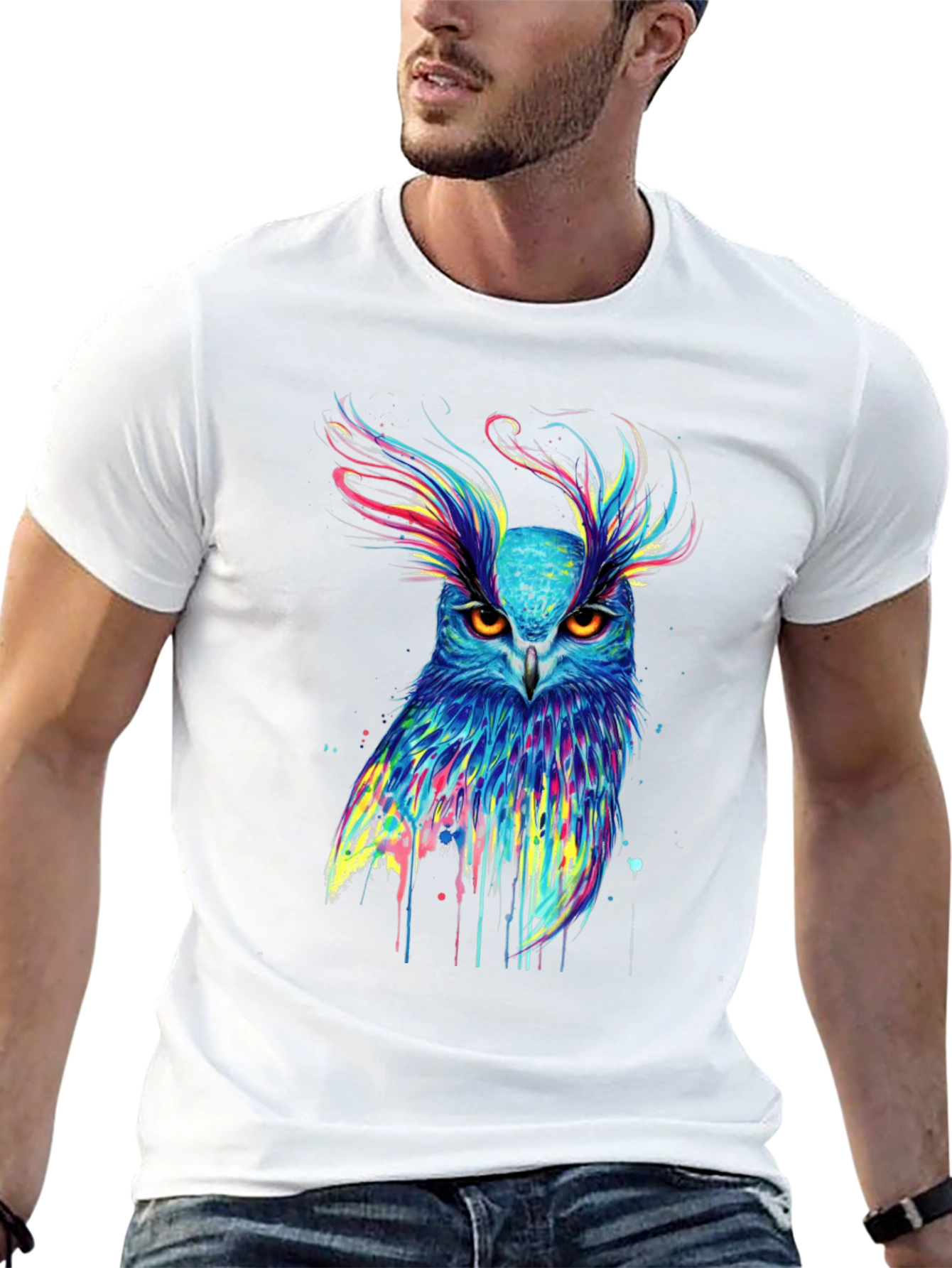 Black Colorful Owl Graphic Print Black T-Shirt view 13