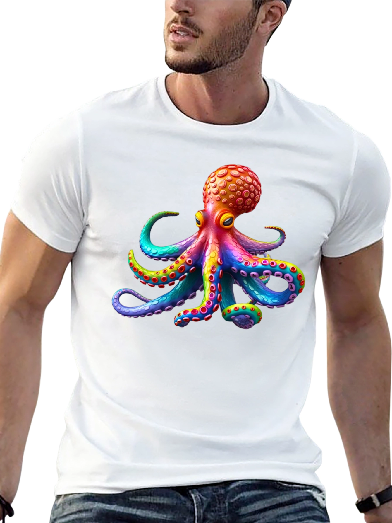 Black Rainbow Octopus Graphic Tee - Black Cotton T-Shirt view 13